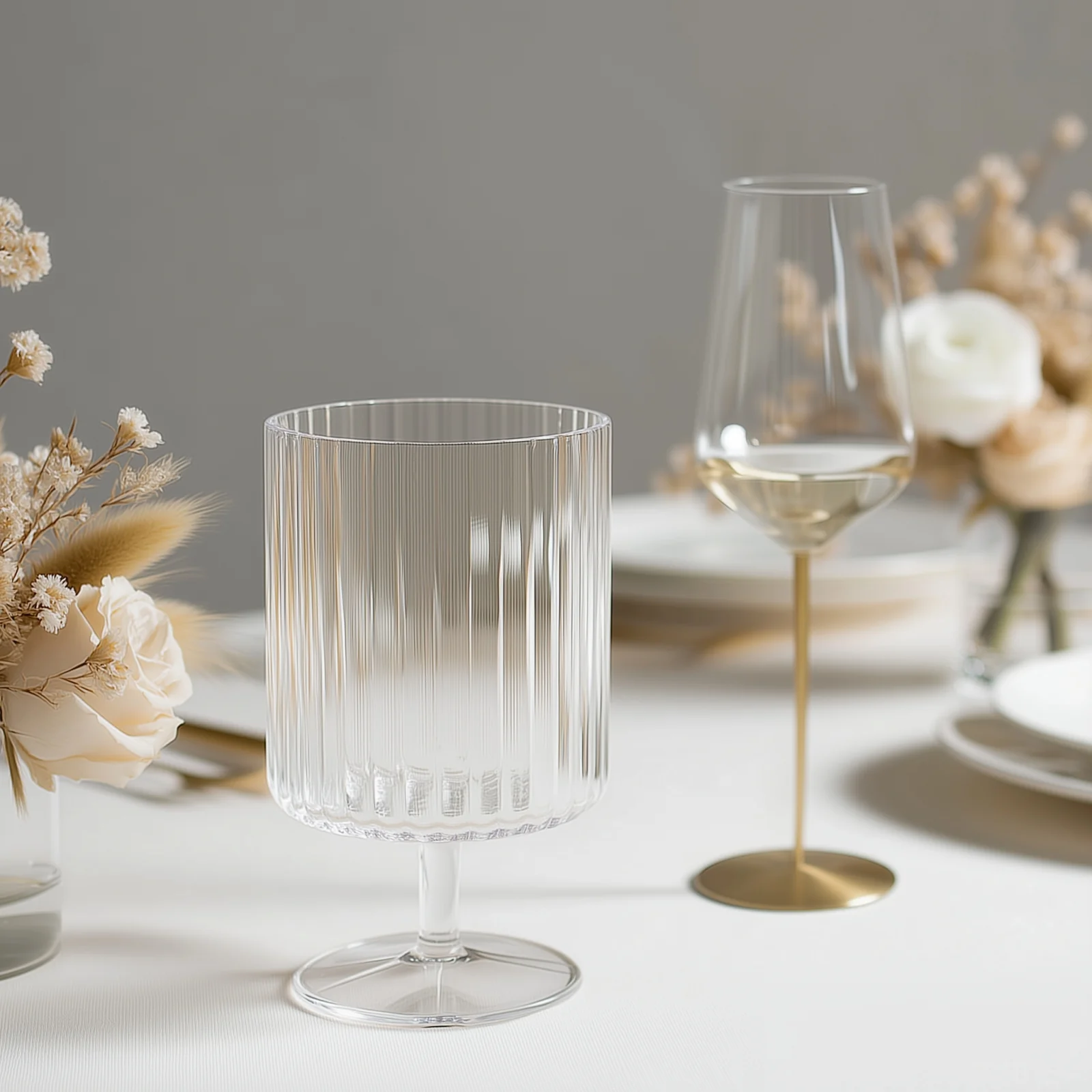 12-Pack Clear Plastic Wine Glasses 12oz, Vintage Ribbed Pattern Short Stemmed - Reusable Shatterproof Goblets - Image 6