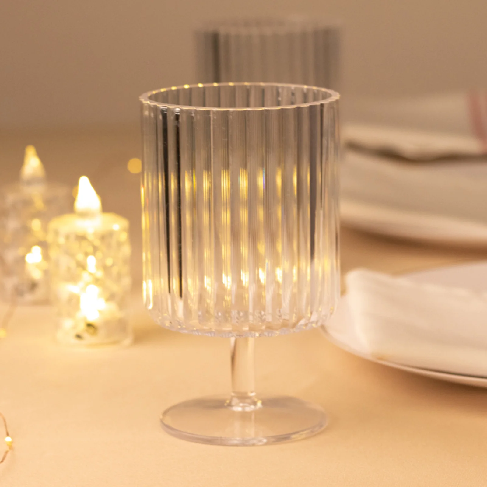 12-Pack Clear Plastic Wine Glasses 12oz, Vintage Ribbed Pattern Short Stemmed - Reusable Shatterproof Goblets - Image 9