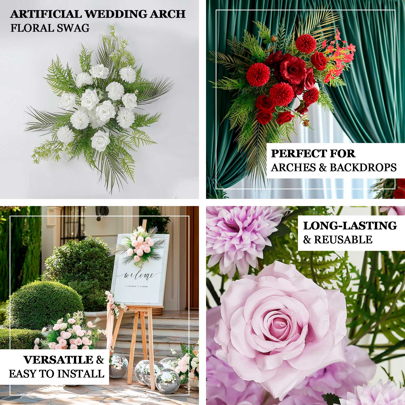 Wedding Arch Floral Swag – Artificial Burgundy Rose & Chrysanthemum with Greenery and Palm Leaves - Image 4