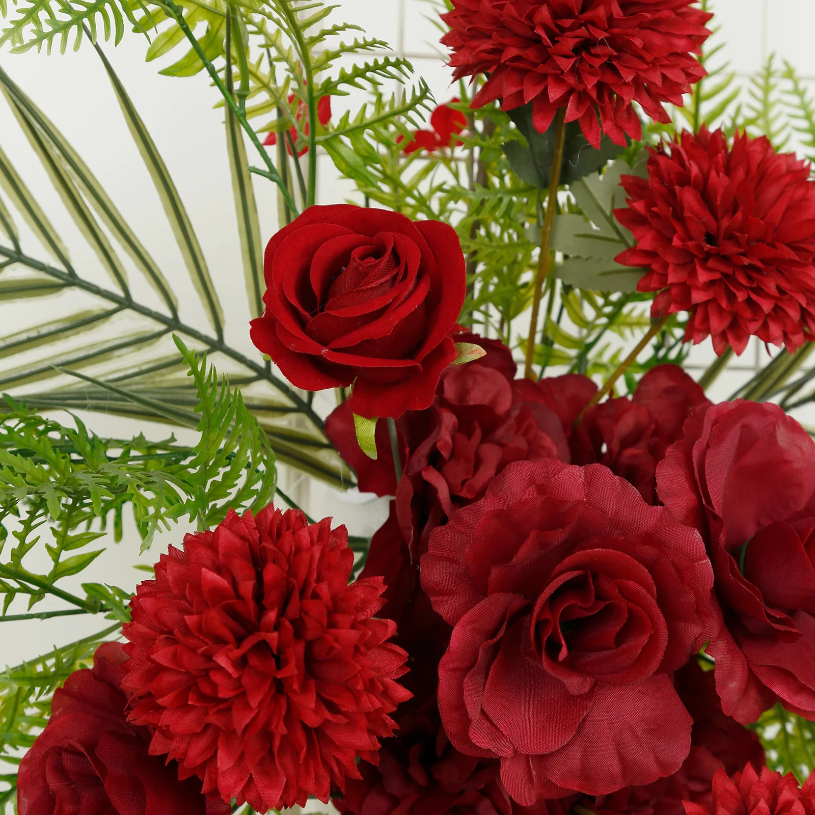 Wedding Arch Floral Swag – Artificial Burgundy Rose & Chrysanthemum with Greenery and Palm Leaves - Image 6