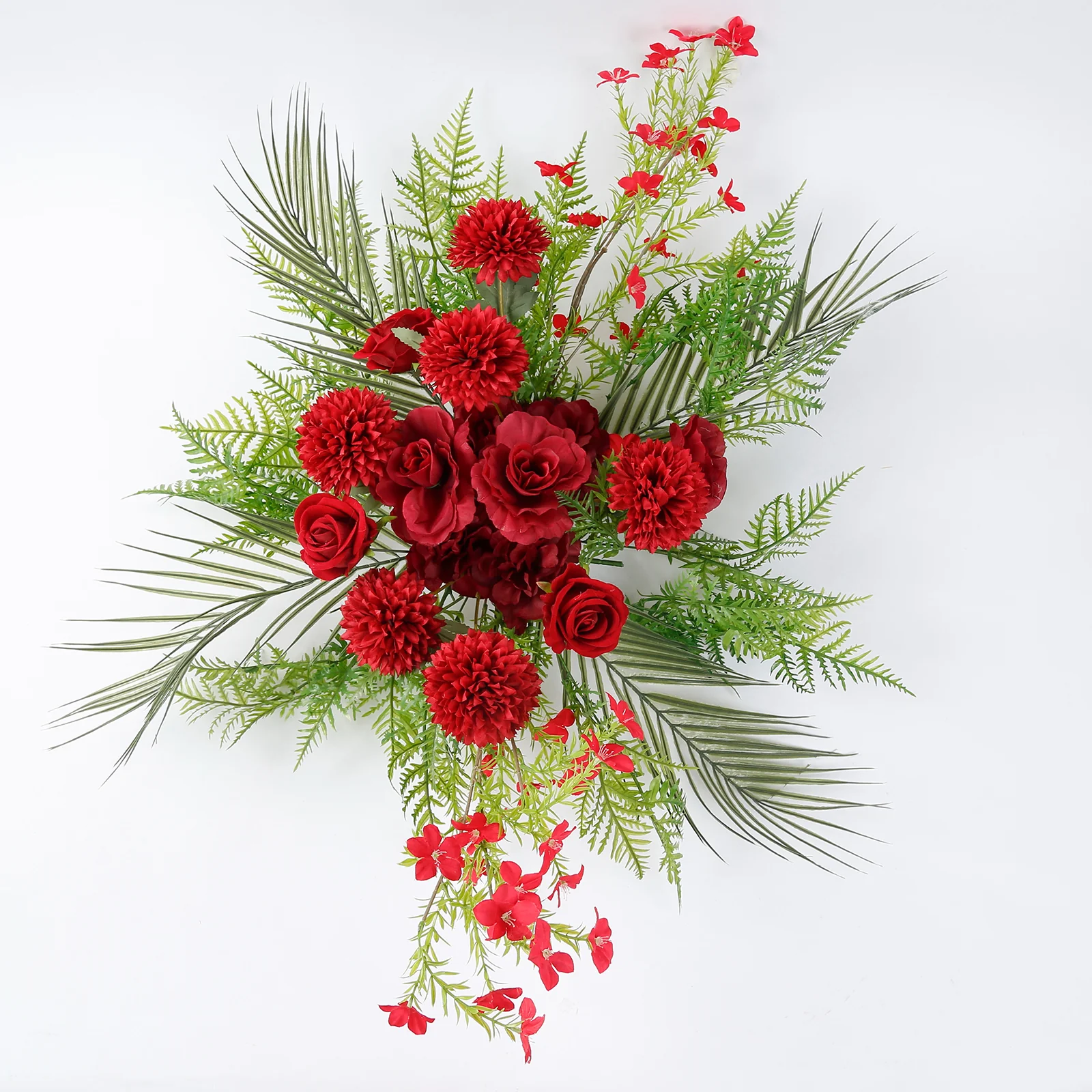 Wedding Arch Floral Swag – Artificial Burgundy Rose & Chrysanthemum with Greenery and Palm Leaves - Image 7