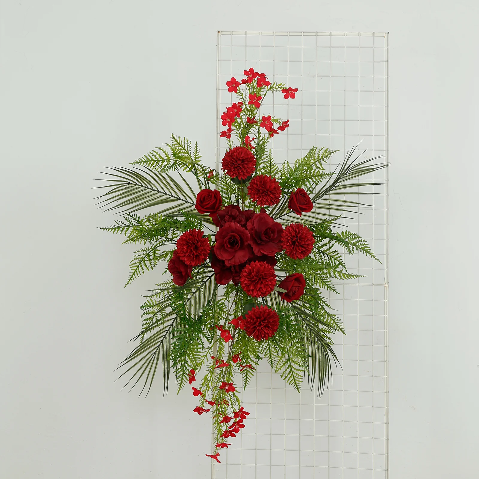 Wedding Arch Floral Swag – Artificial Burgundy Rose & Chrysanthemum with Greenery and Palm Leaves - Image 8