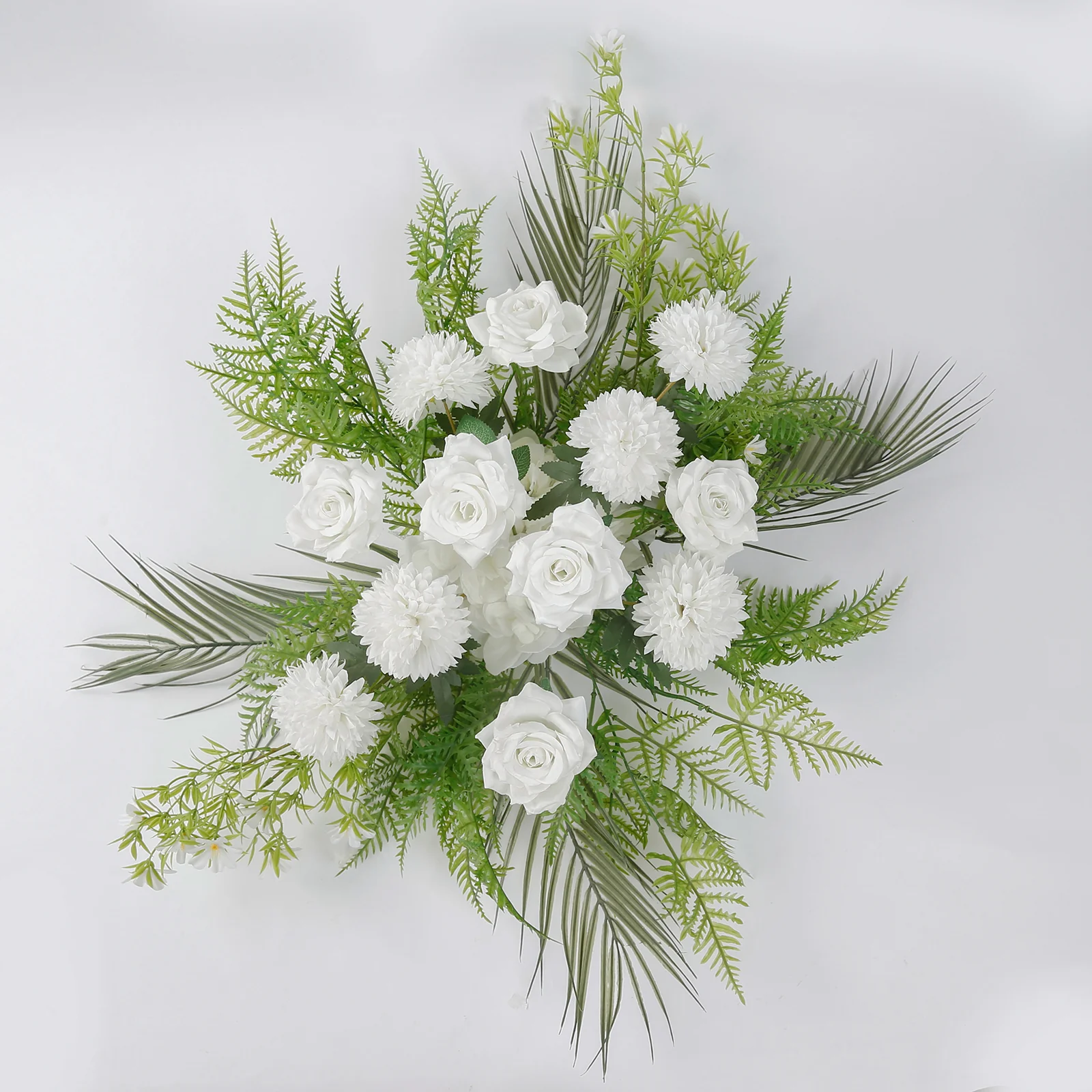 Wedding Arch Floral Swag – Artificial Ivory Rose & Chrysanthemum with Greenery and Palm Leaves - Image 2