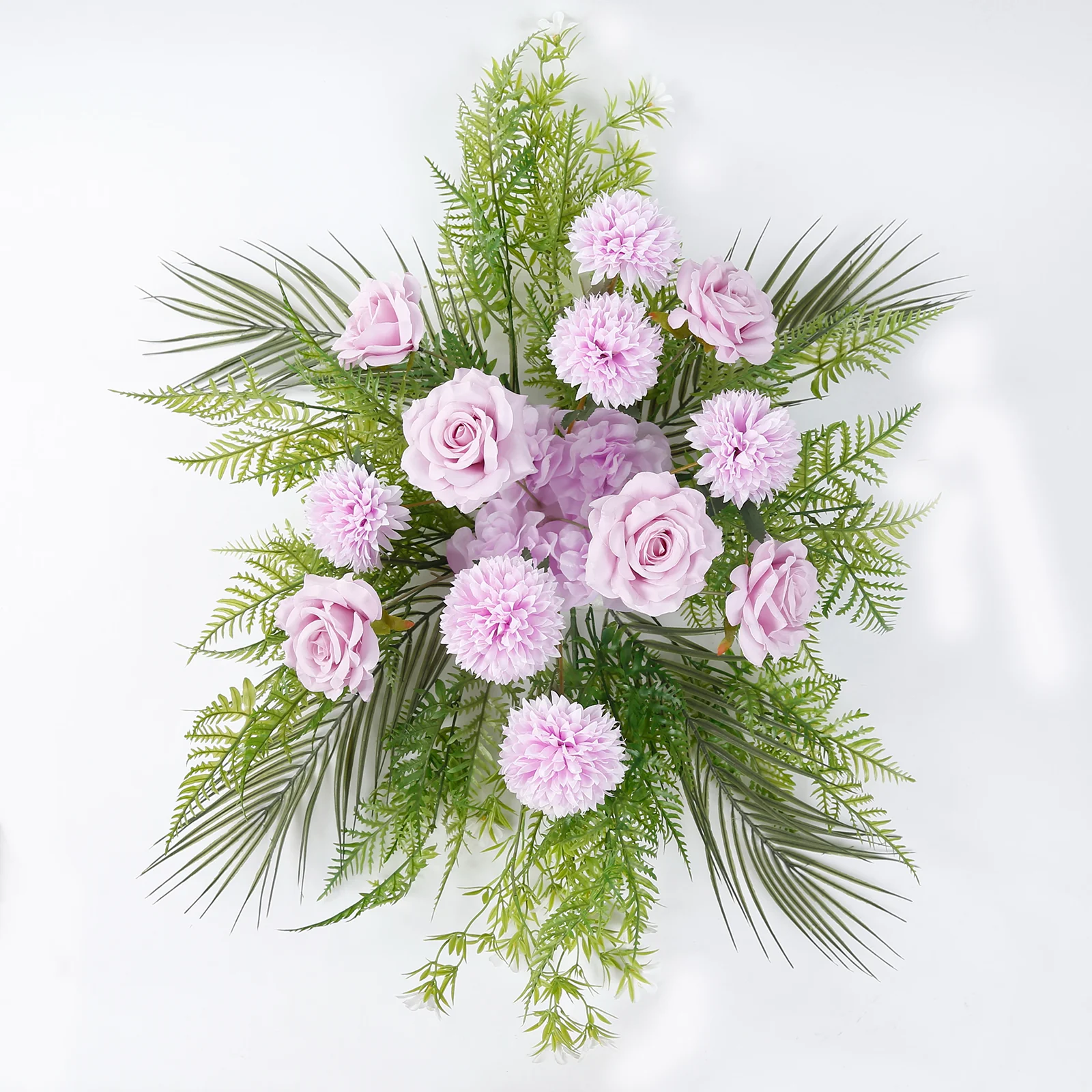 Wedding Arch Floral Swag – Artificial Lavender Lilac Rose & Chrysanthemum with Greenery and Palm Leaves - Image 2