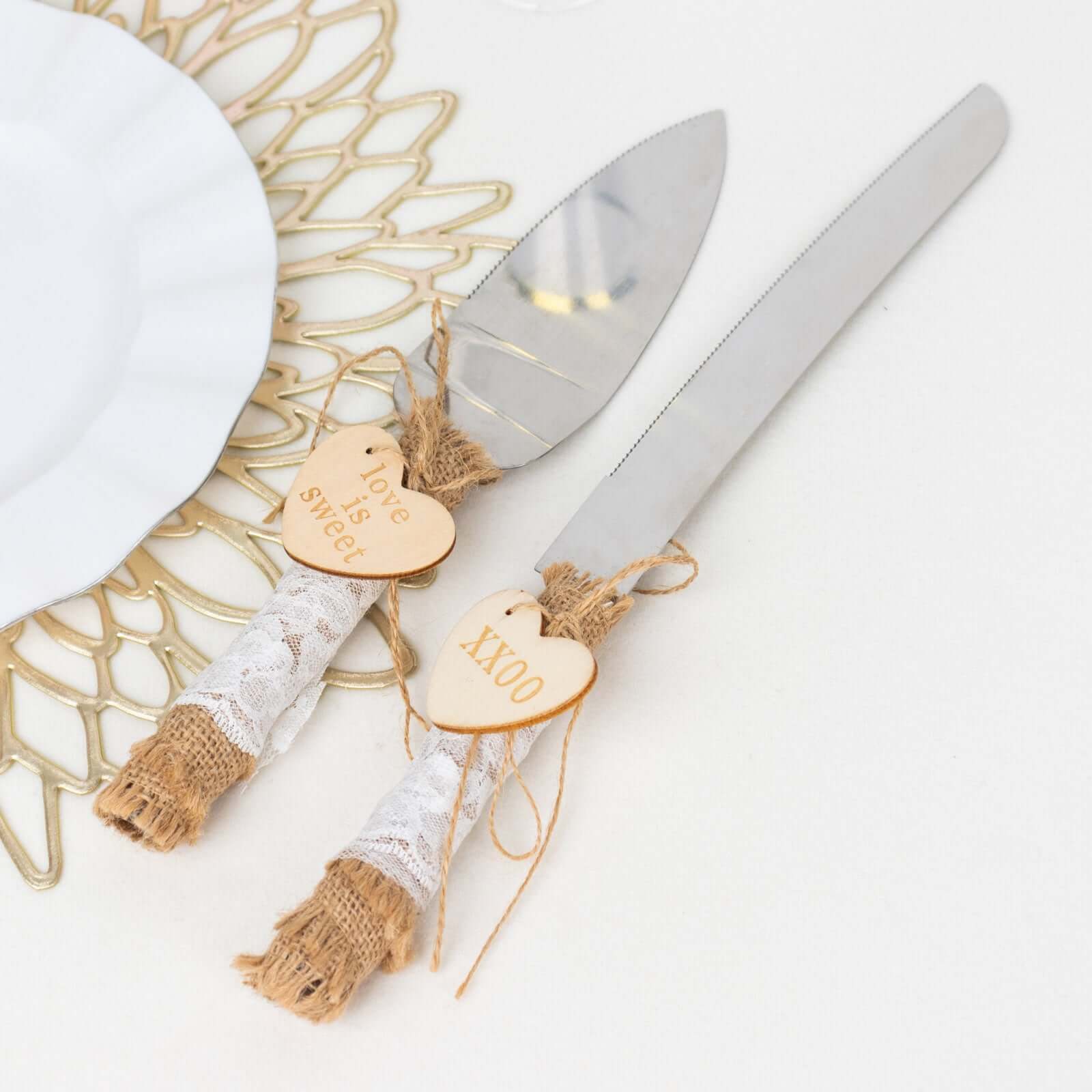 Wedding Cake Knife and Server Set Stainless Steel with Natural Rustic Jute Lace - Gift-Ready in White Box with Heart Tags
