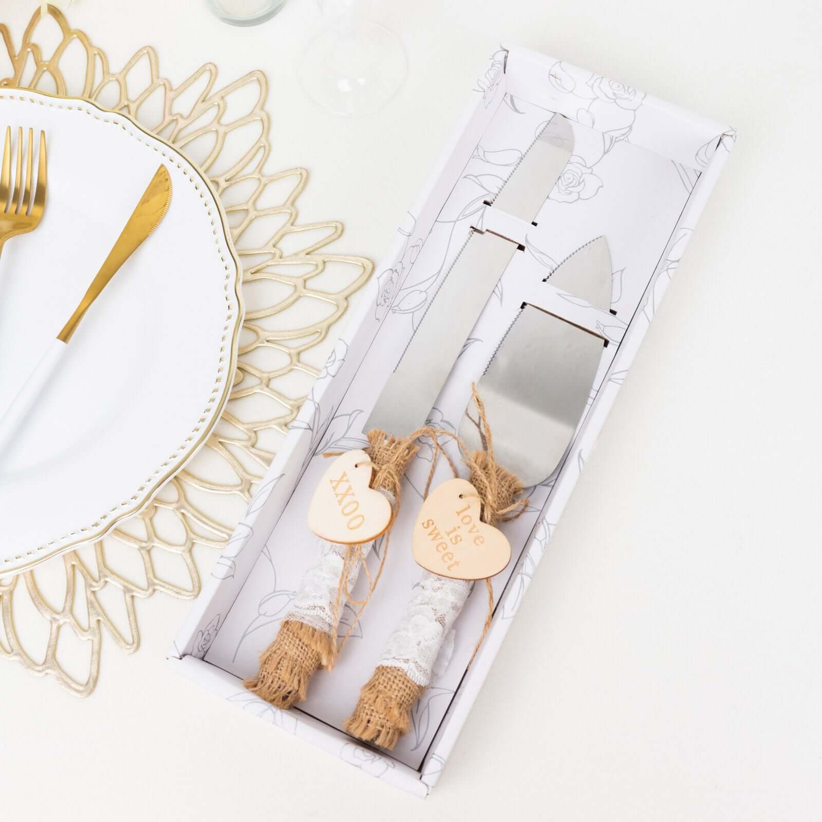 Wedding Cake Knife and Server Set Stainless Steel with Natural Rustic Jute Lace - Gift-Ready in White Box with Heart Tags - Image 10
