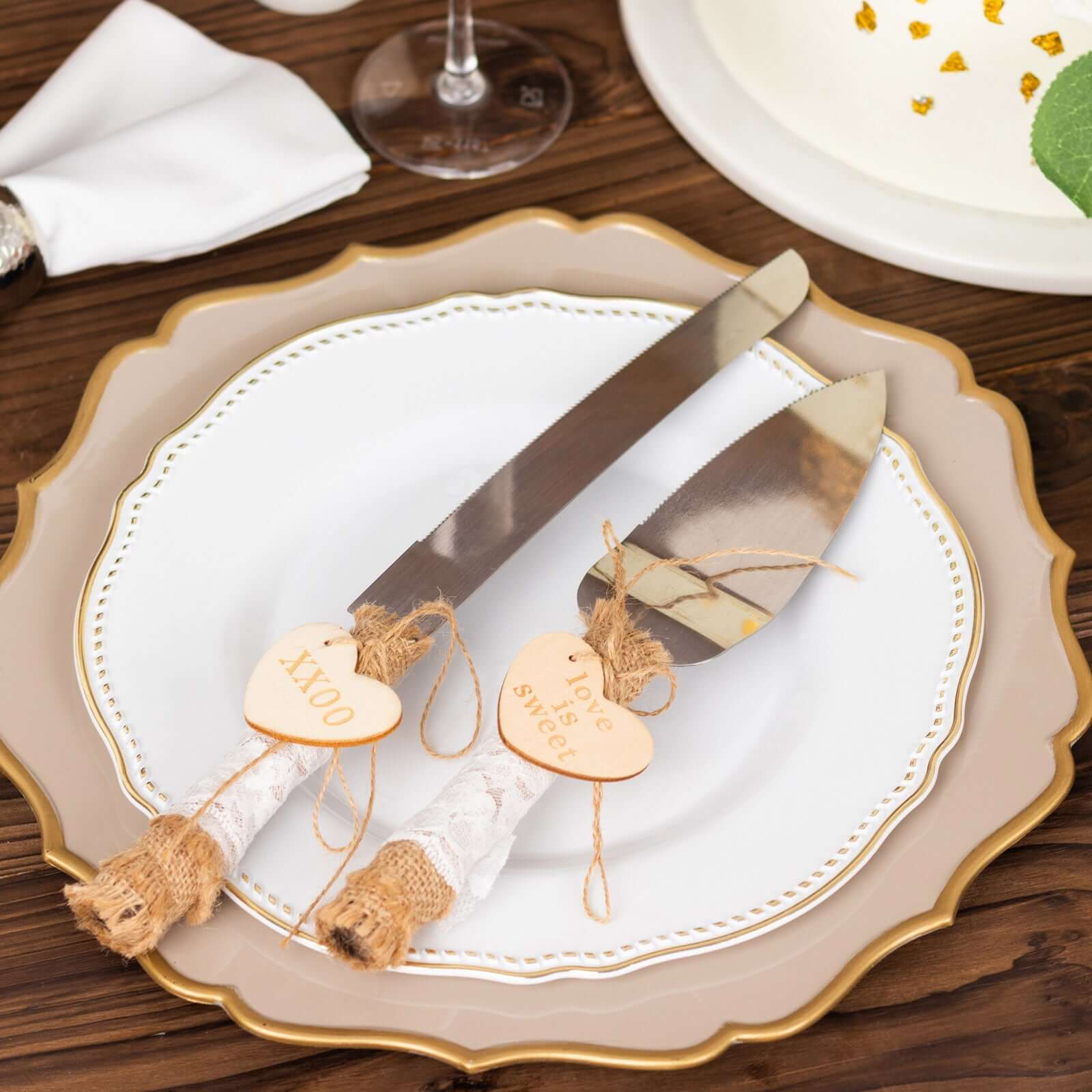 Wedding Cake Knife and Server Set Stainless Steel with Natural Rustic Jute Lace - Gift-Ready in White Box with Heart Tags - Image 6