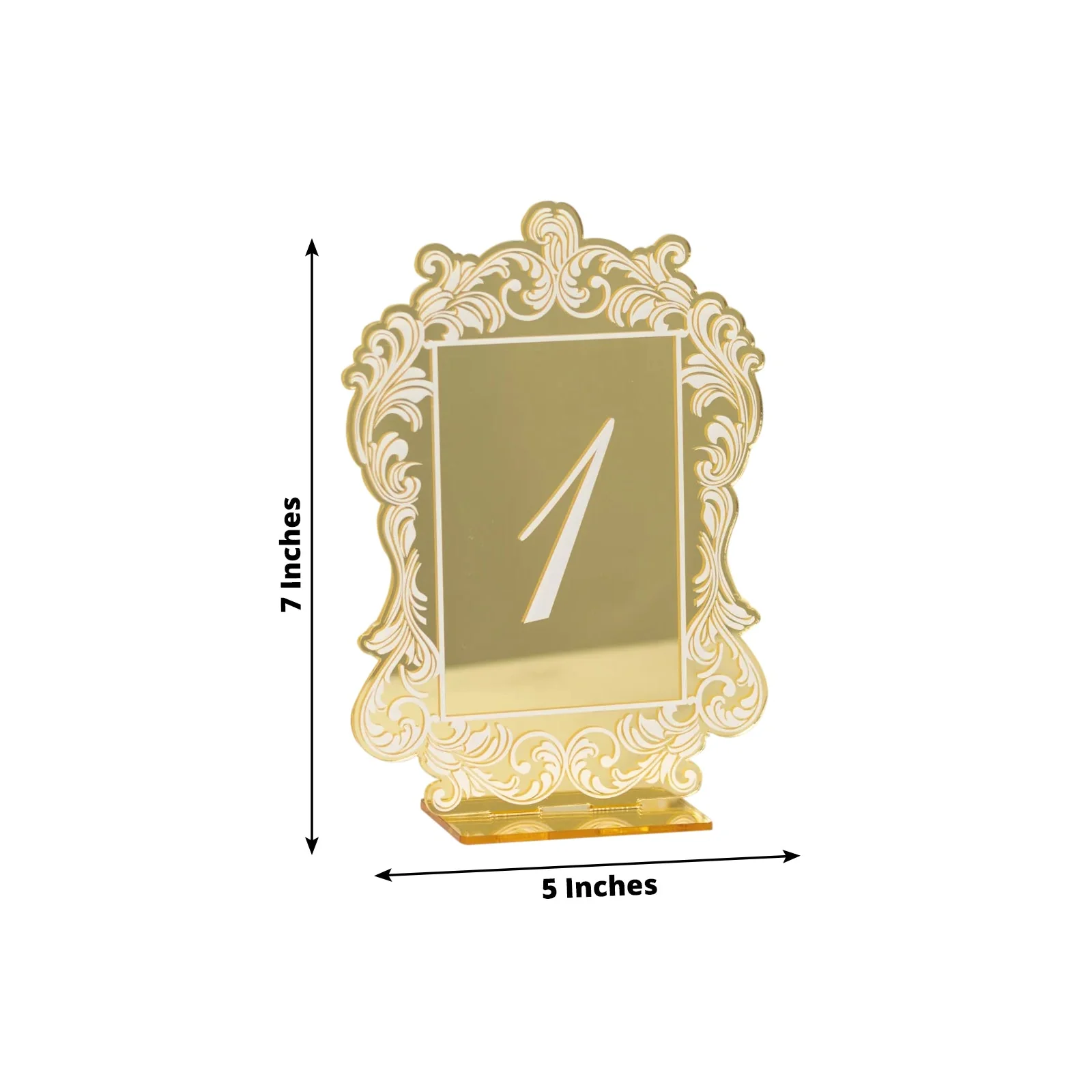 Wedding Table Numbers 1-10 – Gold Mirror Arch Acrylic with Baroque Lace Border, White Print & Stands for Elegant Receptions - 5"x7" - Image 2