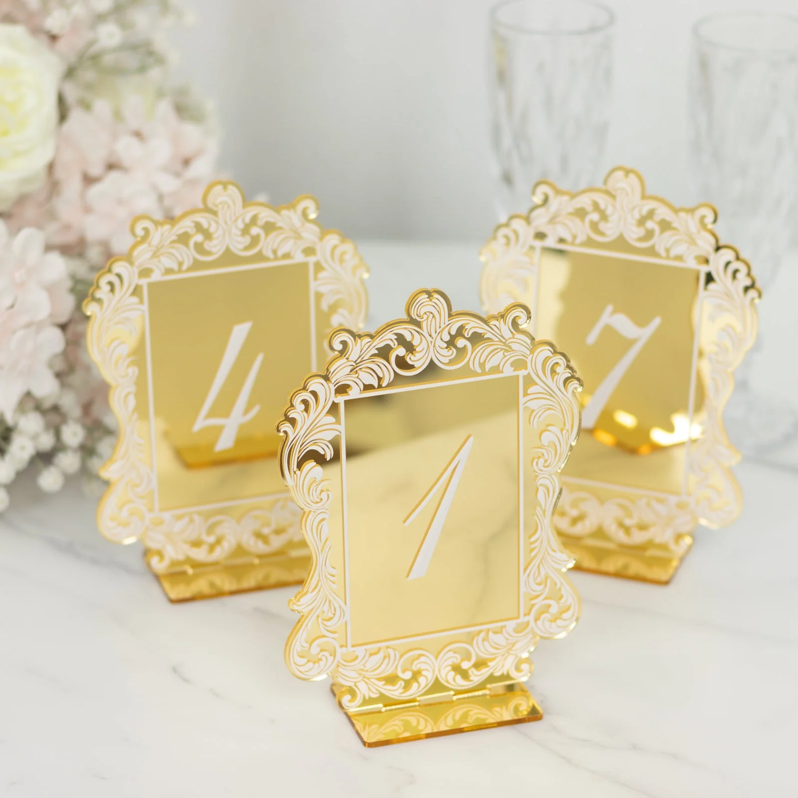 Wedding Table Numbers 1-10 – Gold Mirror Arch Acrylic with Baroque Lace Border, White Print & Stands for Elegant Receptions - 5"x7" - Image 3