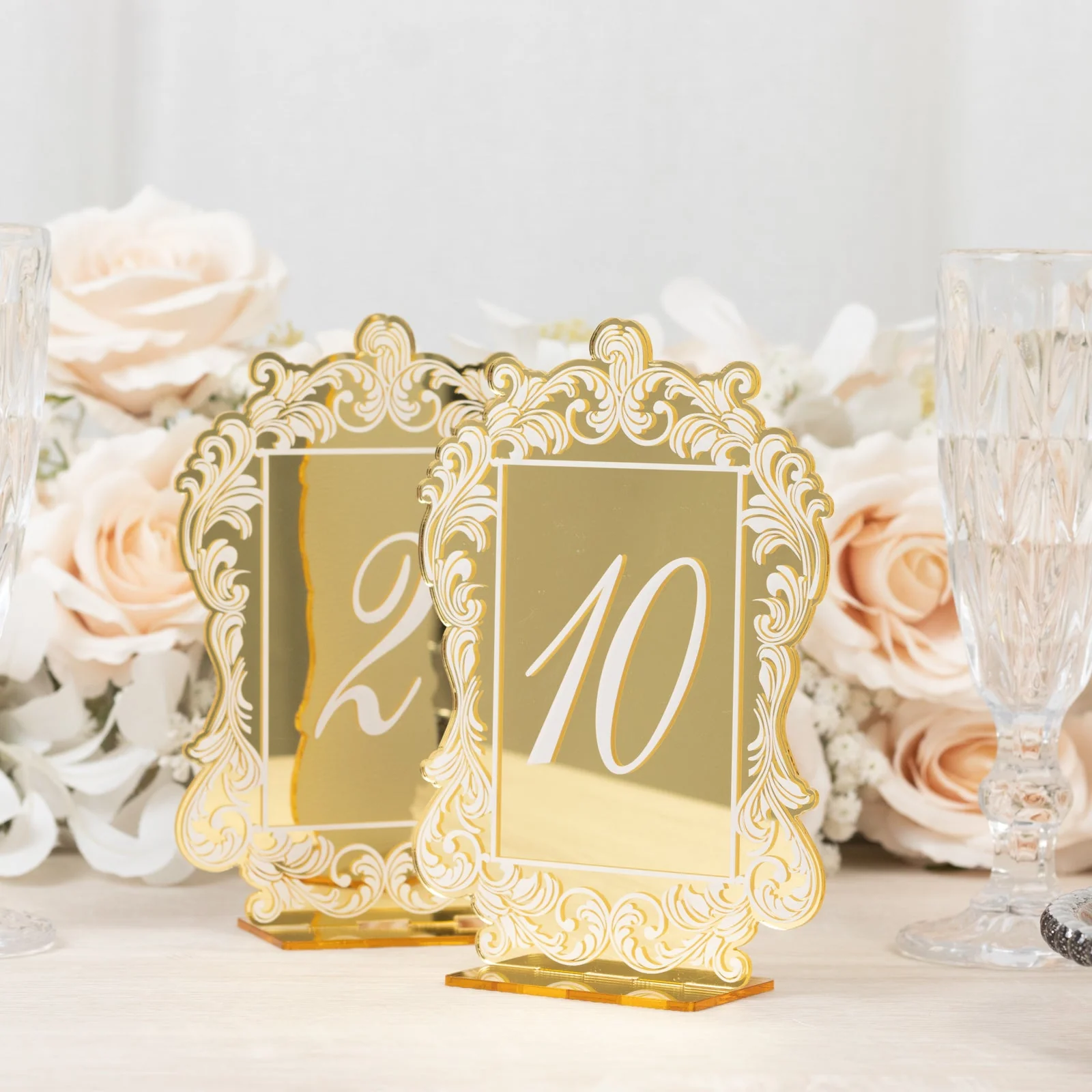 Wedding Table Numbers 1-10 – Gold Mirror Arch Acrylic with Baroque Lace Border, White Print & Stands for Elegant Receptions - 5"x7" - Image 6