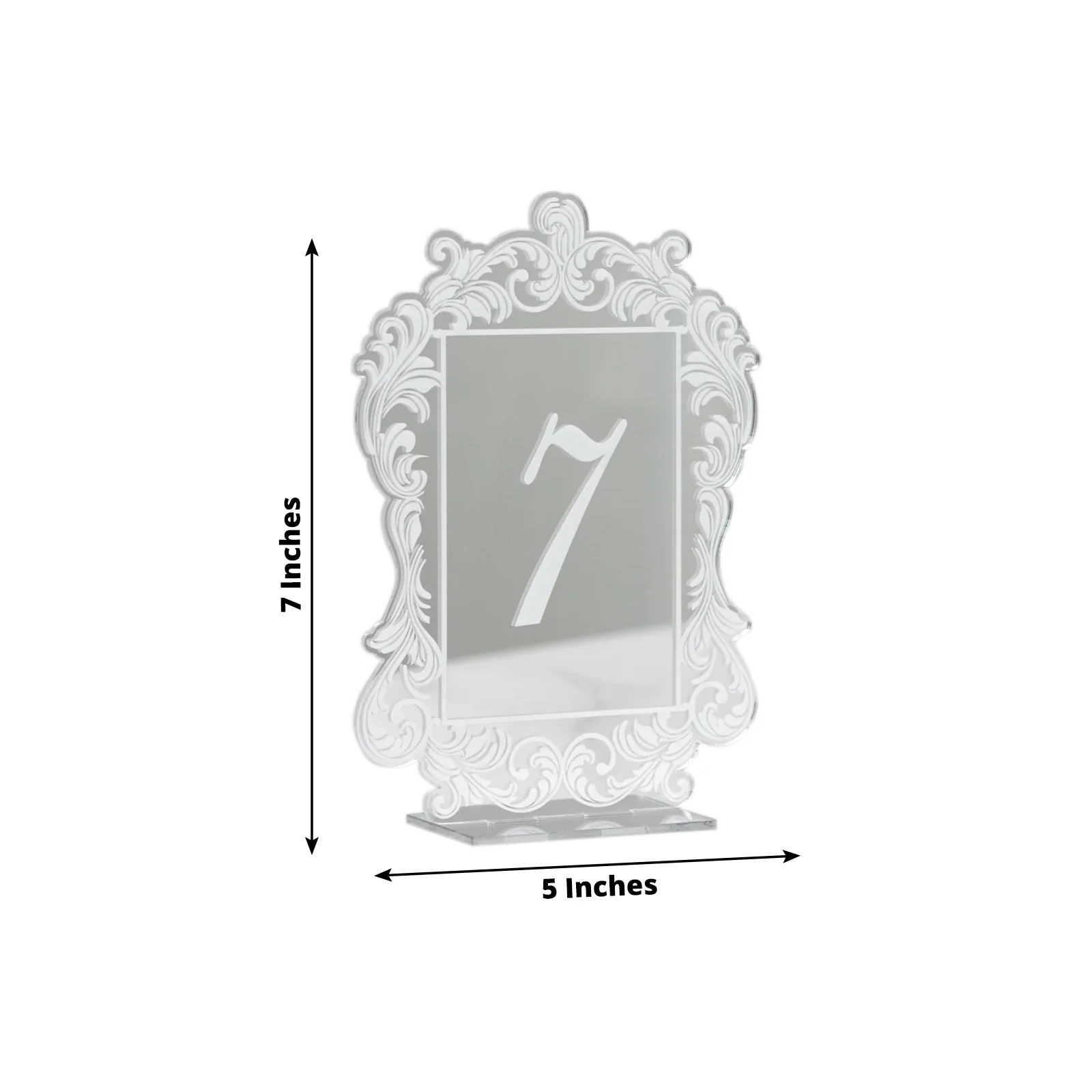 Wedding Table Numbers 1-10 – Silver Mirror Arch Acrylic with Baroque Lace Border, White Print & Stands for Elegant Receptions - 5"x7" - Image 2
