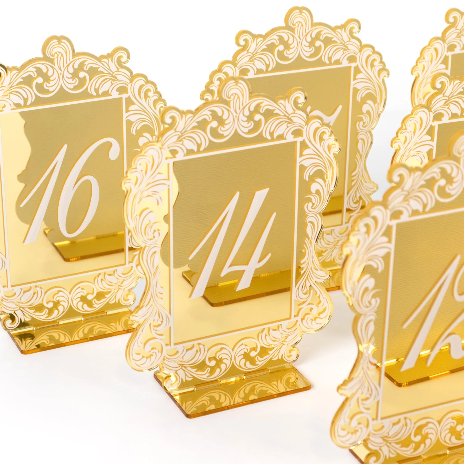 Wedding Table Numbers 11-20 – Gold Mirror Arch Acrylic with Baroque Lace Border, White Print & Stands for Elegant Receptions - 5"x7" - Image 2