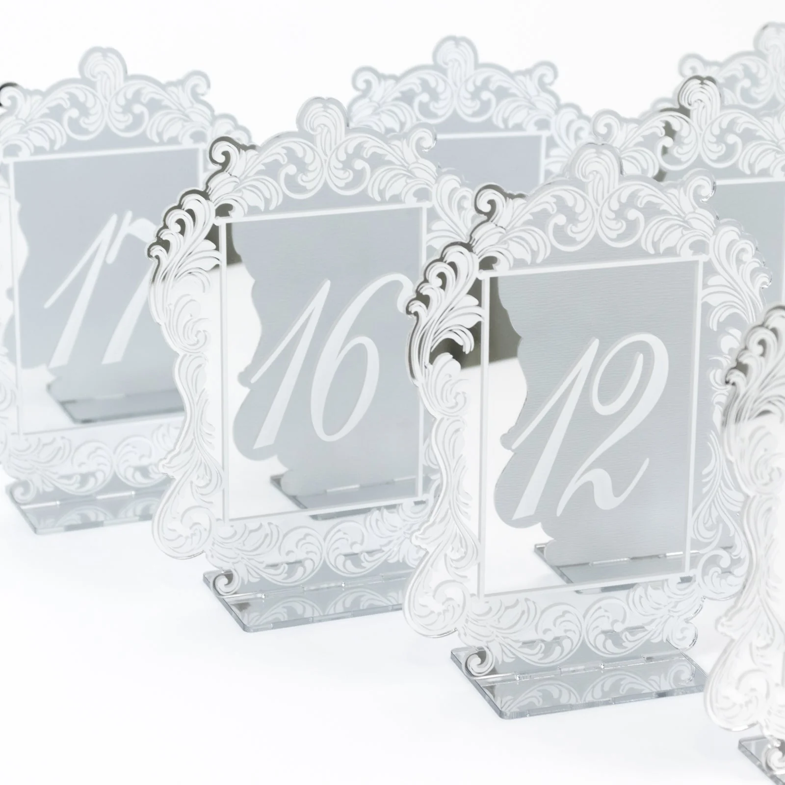 Wedding Table Numbers 11-20 – Silver Mirror Arch Acrylic with Baroque Lace Border, White Print & Stands for Elegant Receptions - 5"x7" - Image 2