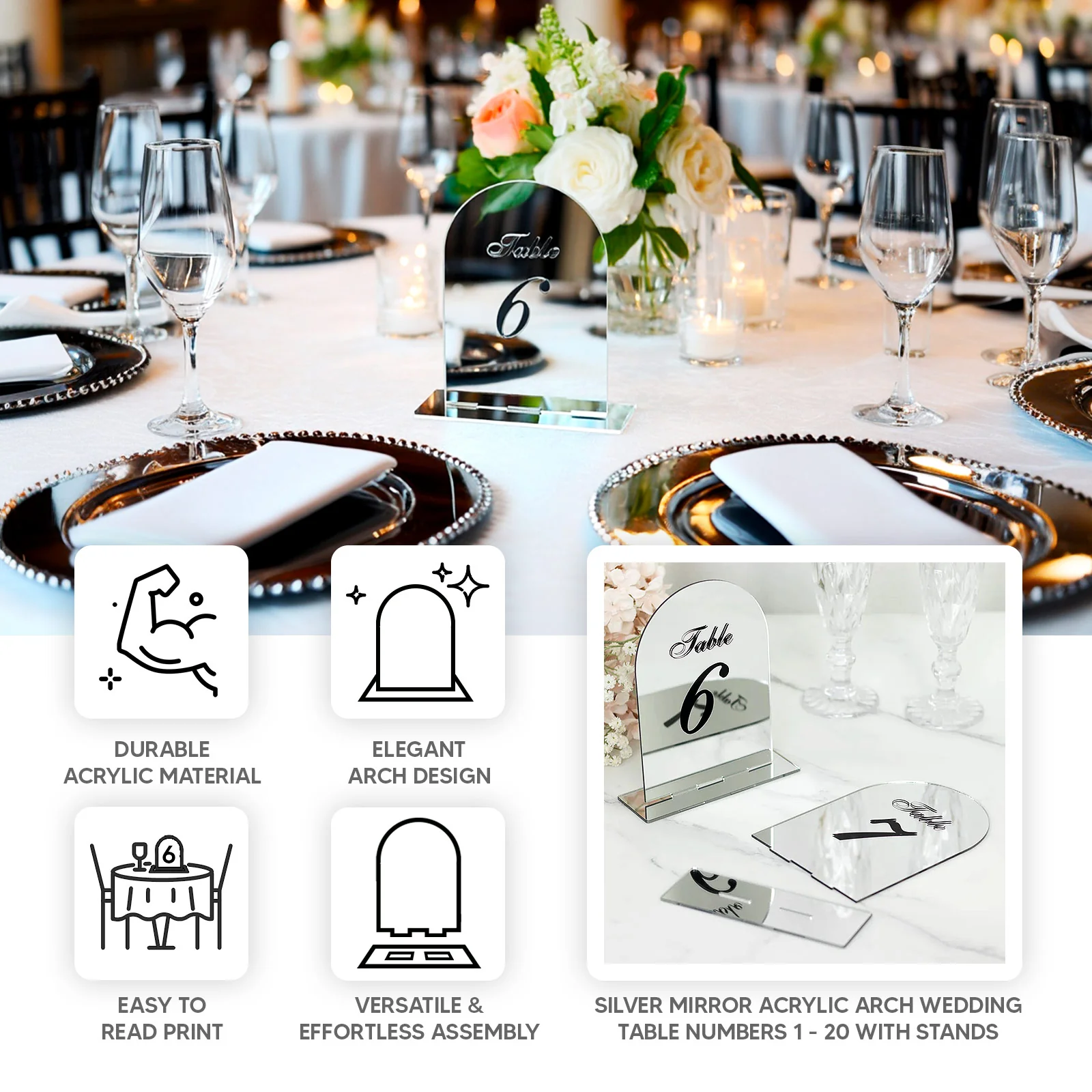 Wedding Table Numbers 11-20 – Silver Mirror Arch Acrylic with Black Print & Stands for Elegant Receptions - 6"x7" - Image 4