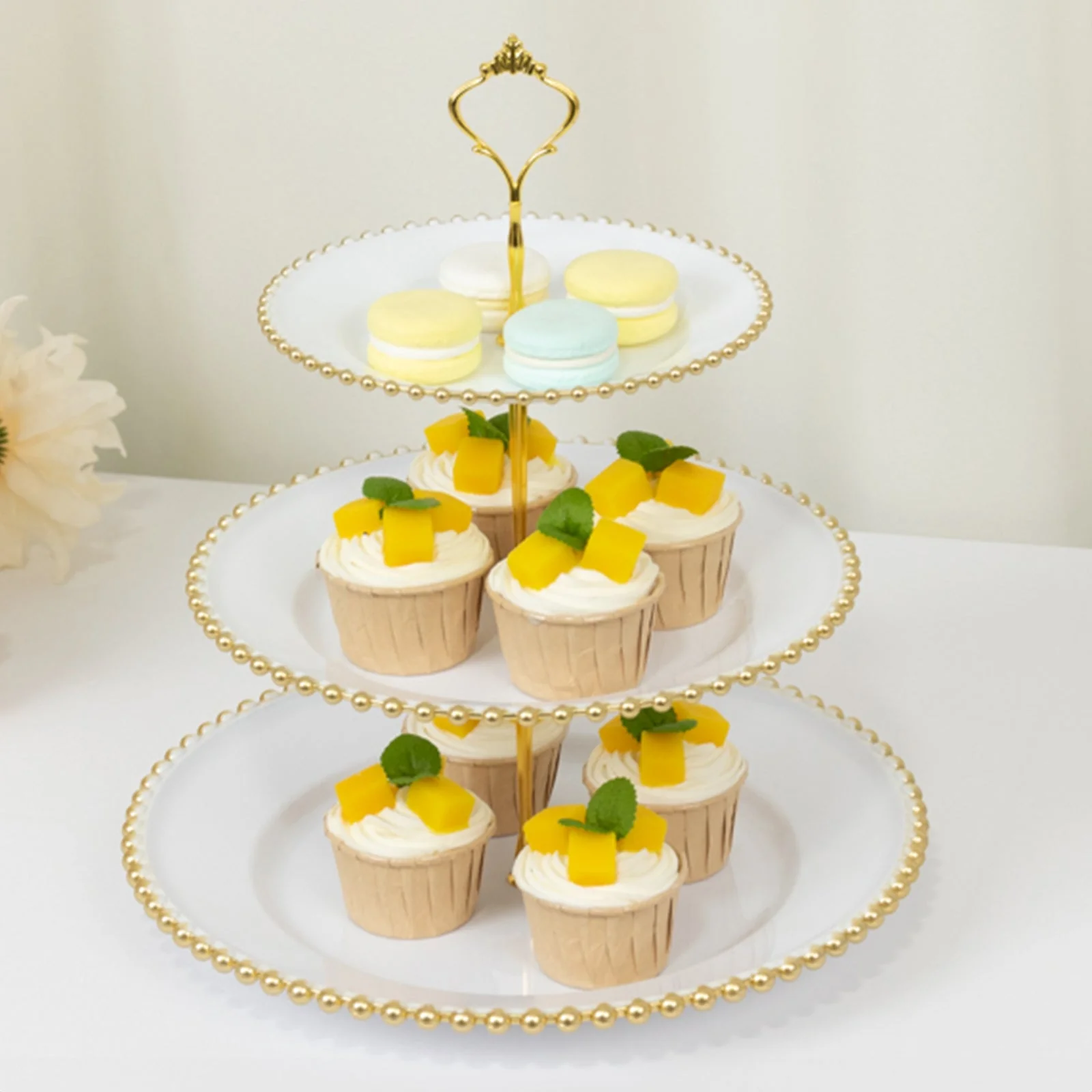 White 3-Tier Round Plastic Cupcake Tower Stand with Gold Beaded Rim, Dessert Display Tea Party Serving Platter With Top Handle - 14" - Image 10