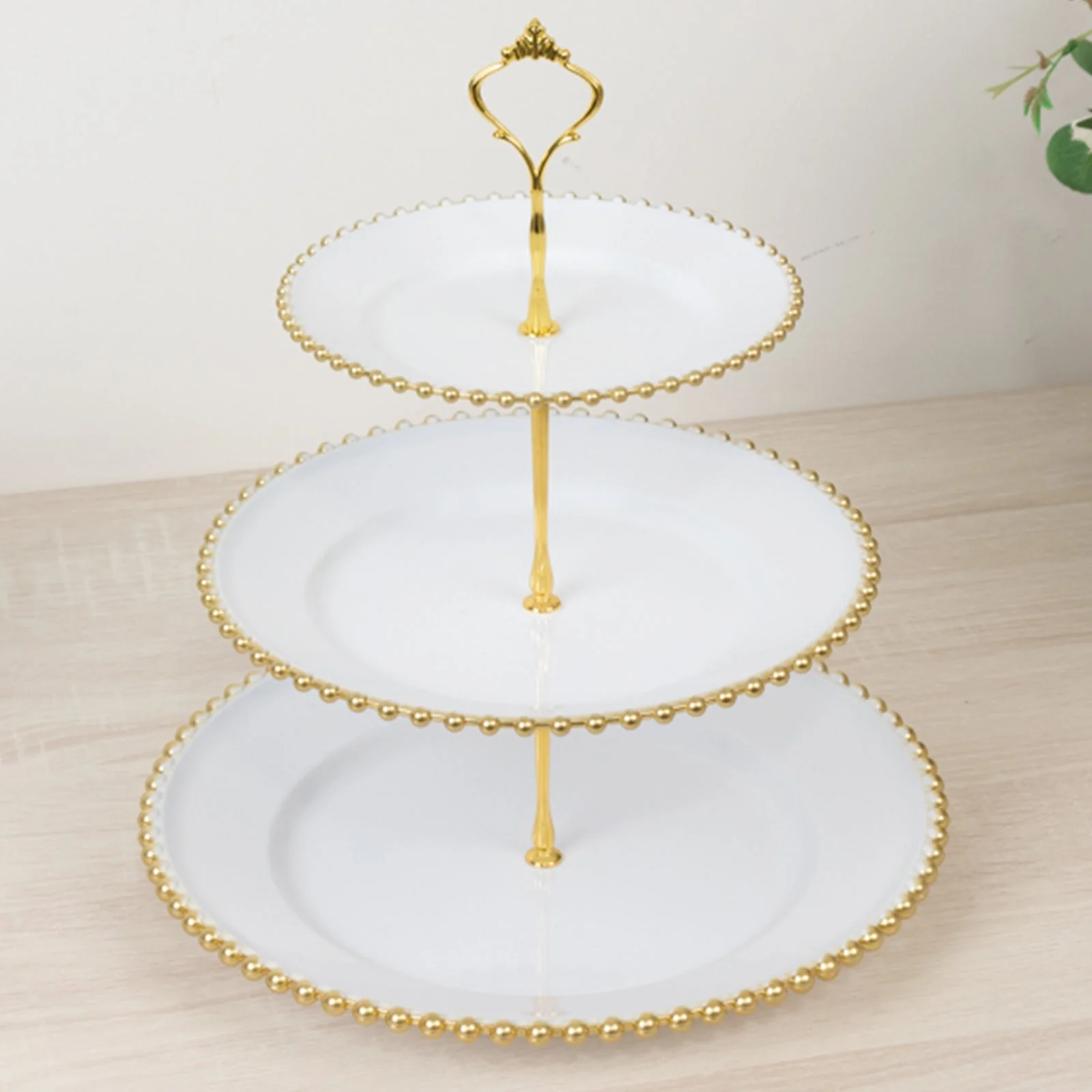 White 3-Tier Round Plastic Cupcake Tower Stand with Gold Beaded Rim, Dessert Display Tea Party Serving Platter With Top Handle - 14" - Image 2