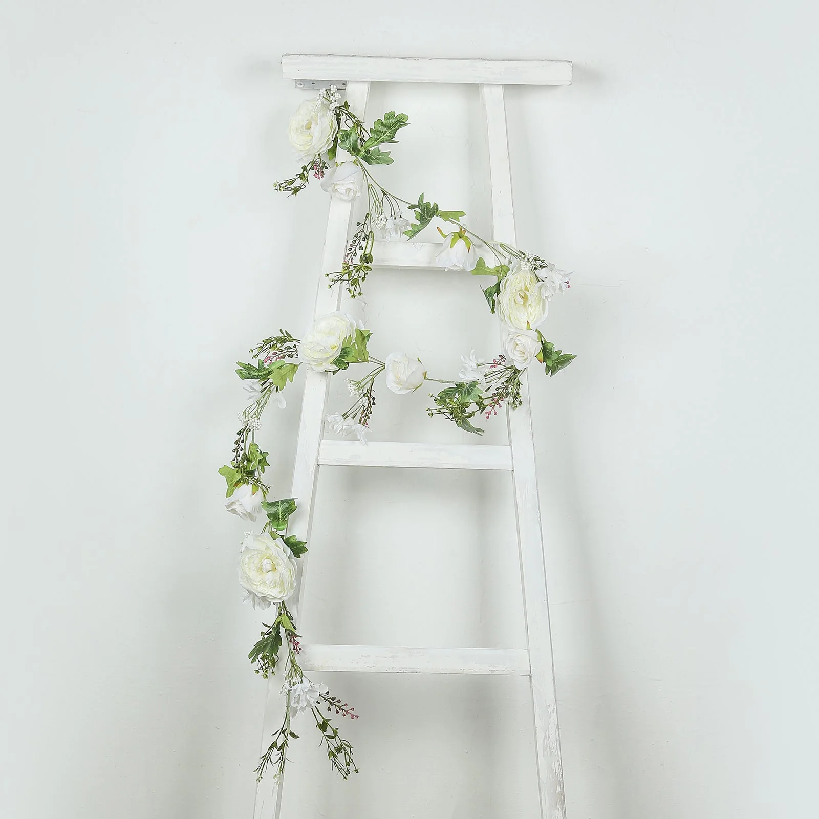 White Artificial Rose Peony Flower Garland, Mixed Floral Greenery Garland Silk Hanging Vine - 6ft - Image 10