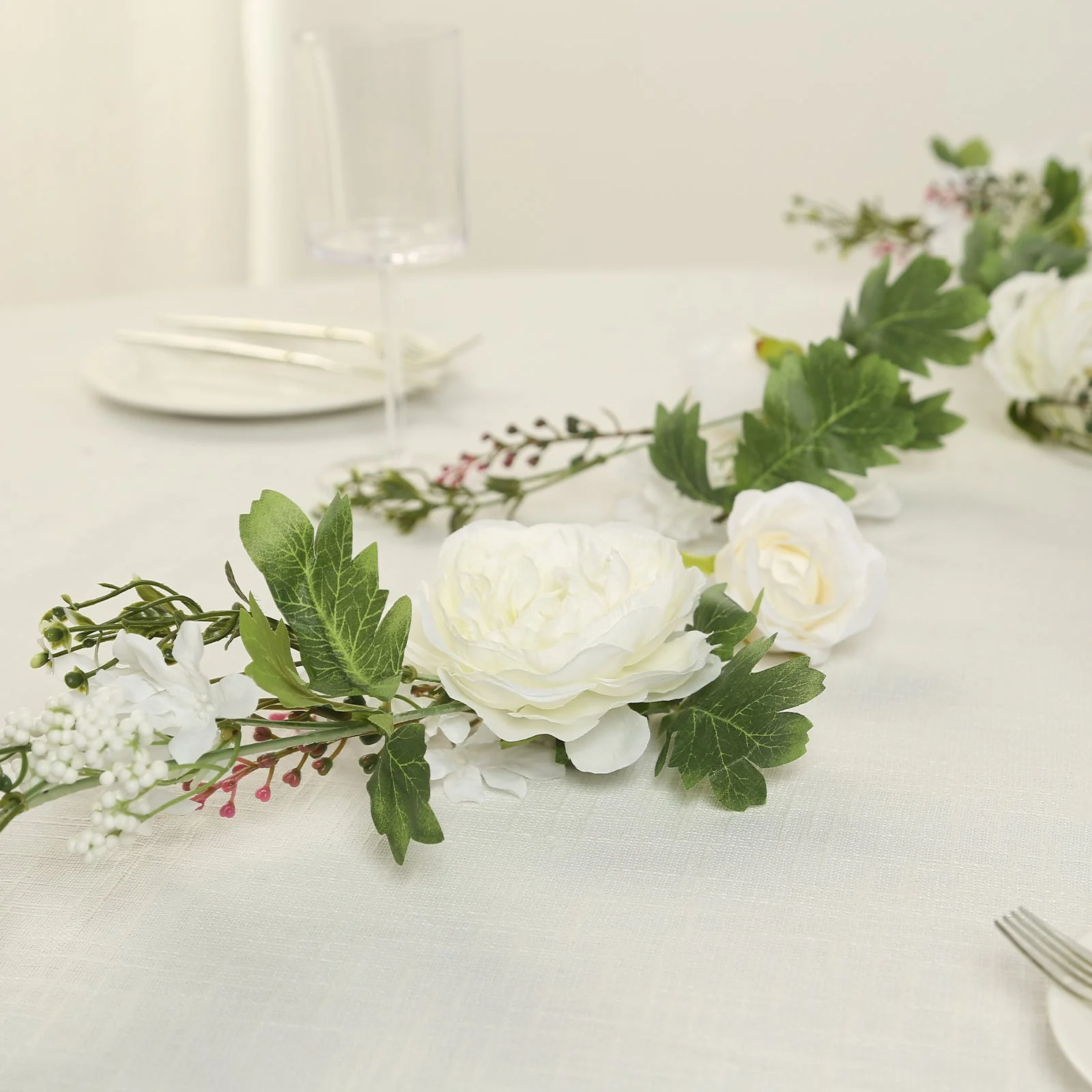 White Artificial Rose Peony Flower Garland, Mixed Floral Greenery Garland Silk Hanging Vine - 6ft - Image 2