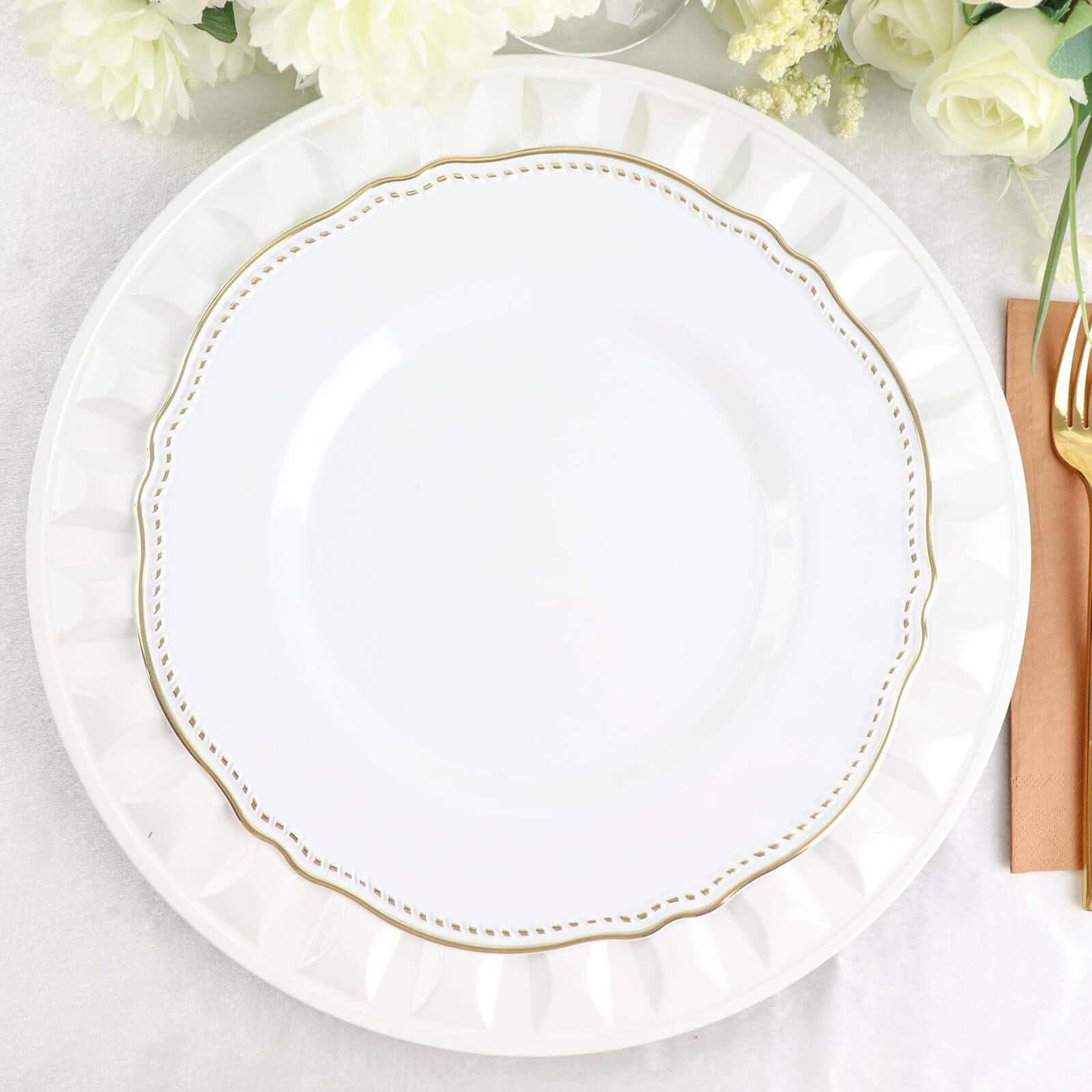 6-Pack Plastic Charger Plates 13" Round White Bejeweled Rim - Luxe Decorative Dinner Party Charger Tableware - Image 2