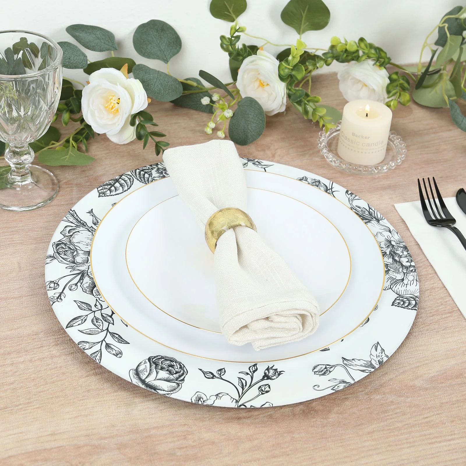 6-Pack Acrylic Charger Plates 13" Round White with Black Floral French Toile Pattern - Decorative Dinner Party Charger Tableware - Image 2