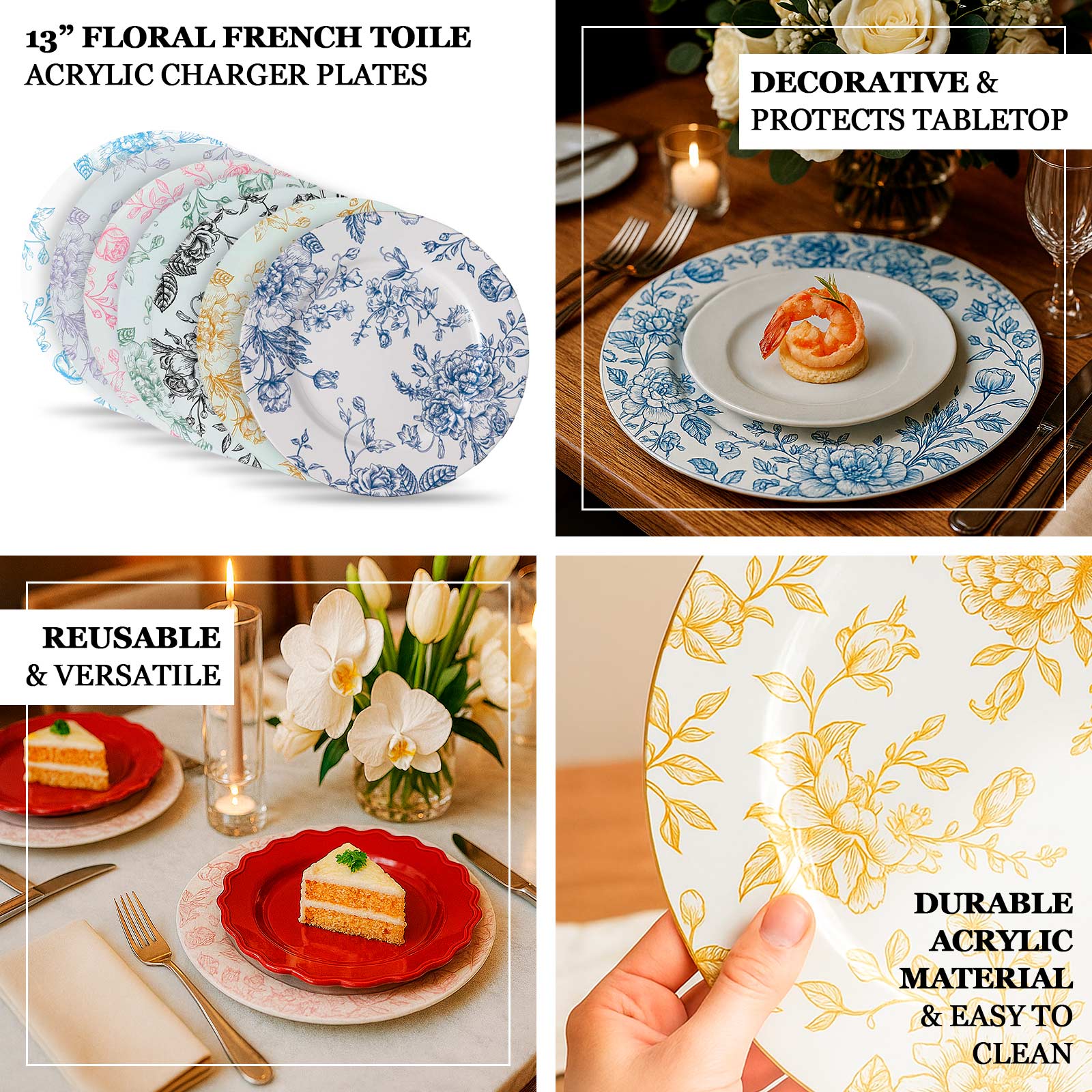 6-Pack Acrylic Charger Plates 13" Round White with Black Floral French Toile Pattern - Decorative Dinner Party Charger Tableware - Image 4