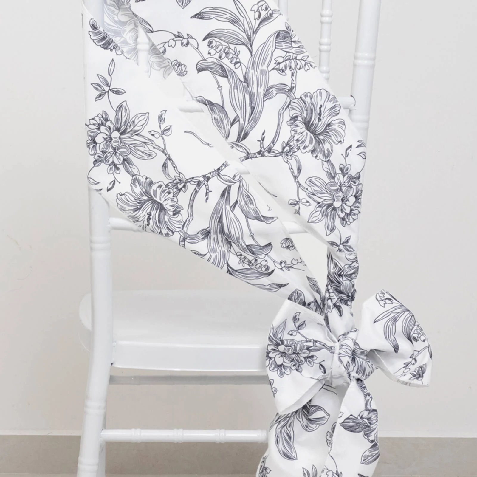 Polyester Chair Sashes 6"x108" White Black French Toile Floral Design - Durable & Reusable Chair Bows - Image 3