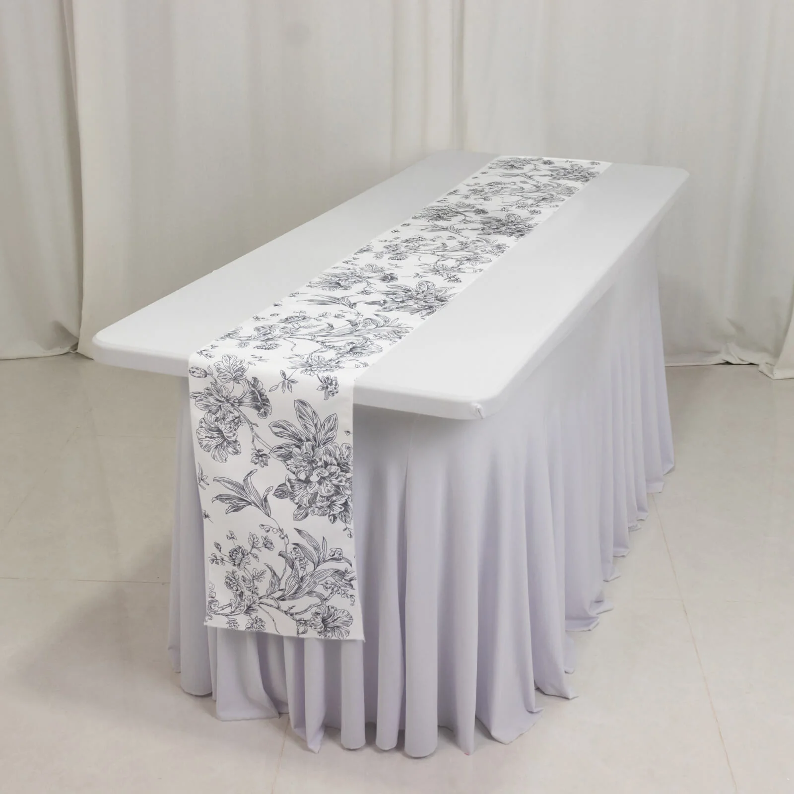Polyester Table Runner 12"x108" White with Black French Toile Floral Print - Exquisite Reusable Table Décor - Image 2