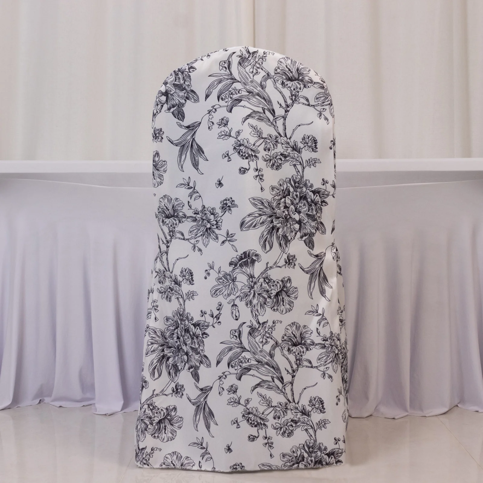 10 Pack Polyester Banquet Chair Covers – White Black French Toile Pattern, Reusable Stain-Resistant Slip-On Slipcovers - Image 3