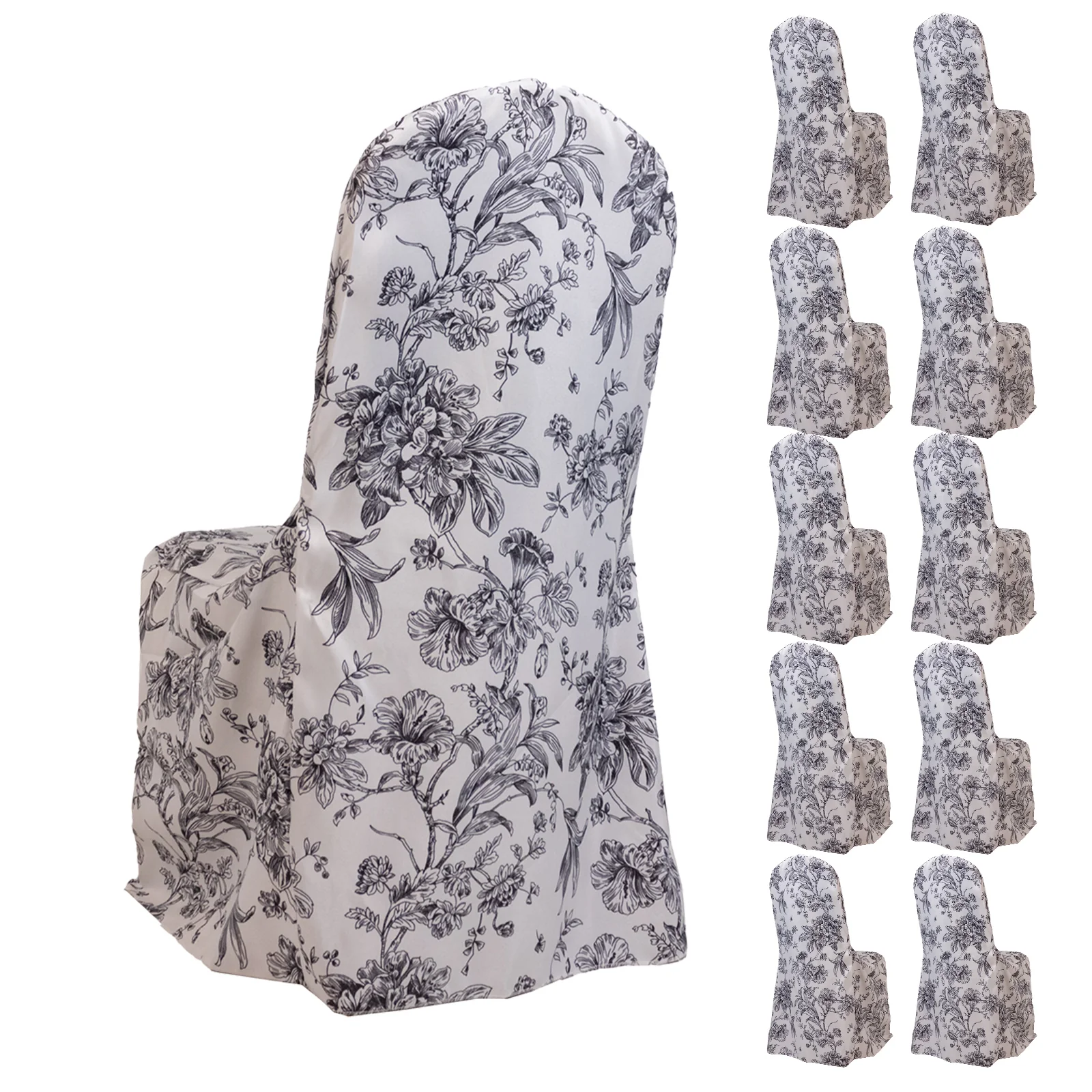 10 Pack Polyester Banquet Chair Covers – White Black French Toile Pattern, Reusable Stain-Resistant Slip-On Slipcovers - Image 4
