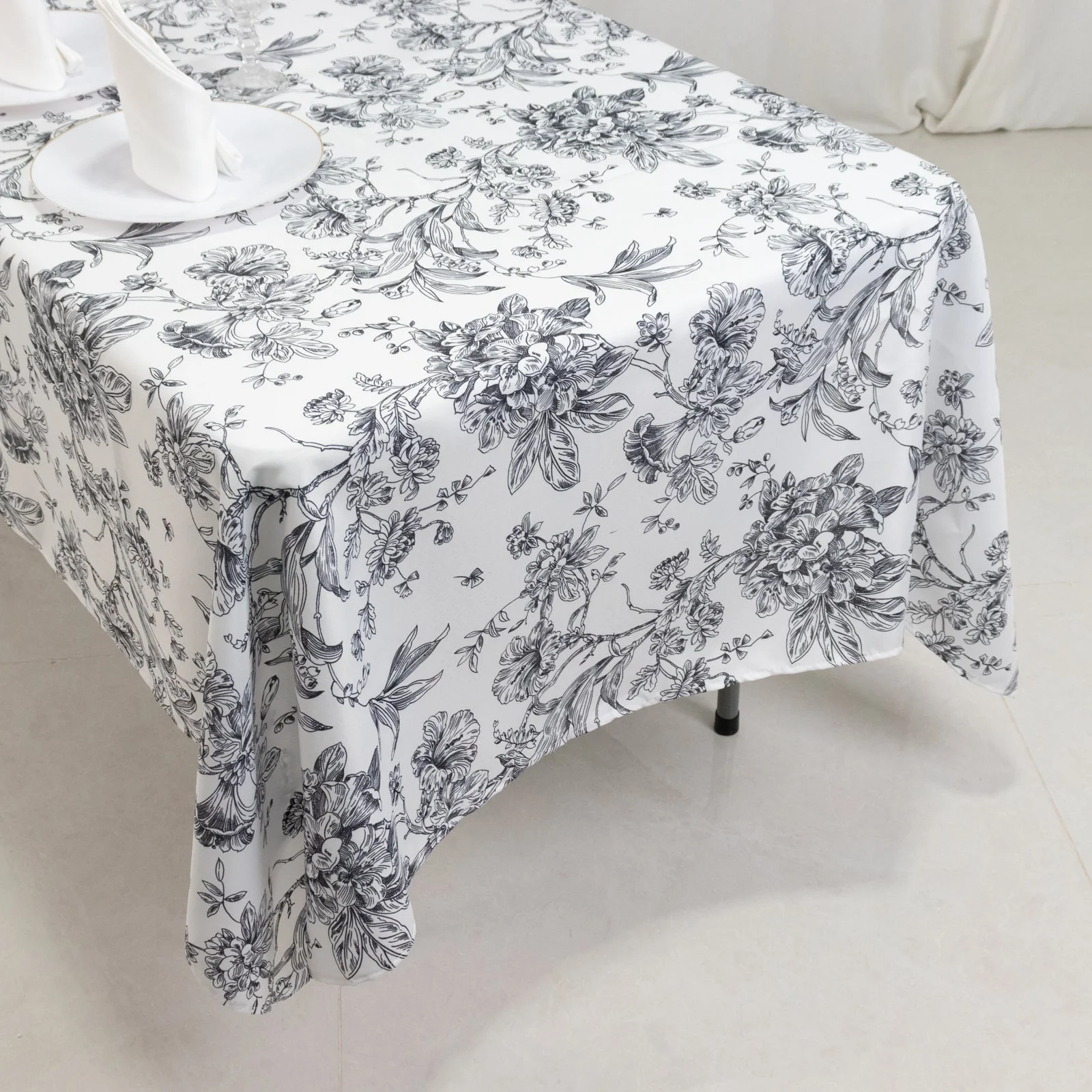 Polyester Rectangular Tablecloth 60"x102" White with Black French Toile Pattern - Sophisticated Table Cover for Chic Weddings & Events - Image 8