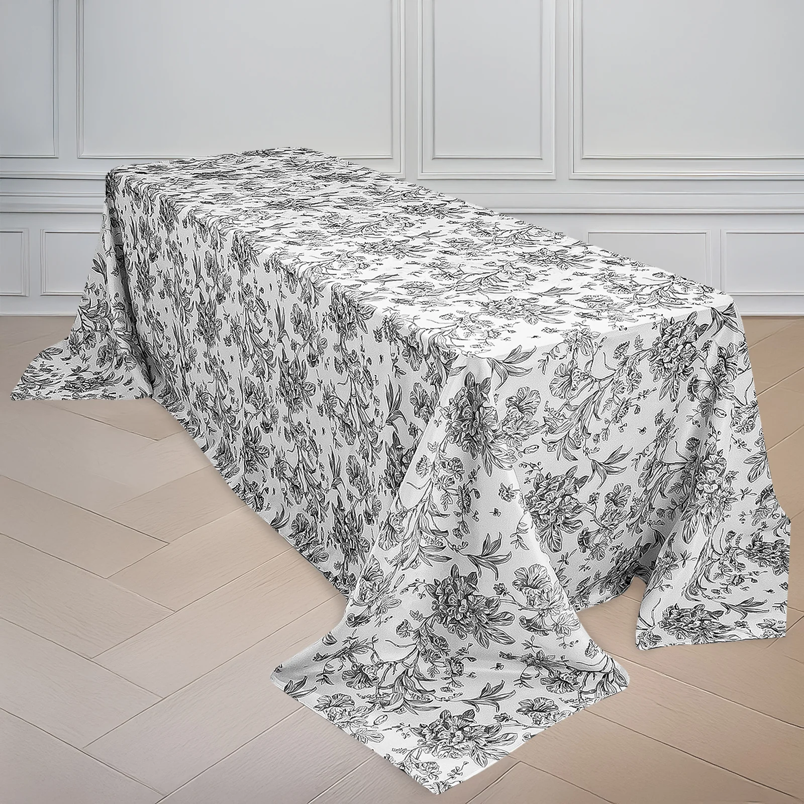 Polyester Rectangular Tablecloth 90"x156" White with Black French Toile Pattern - Sophisticated Seamless Table Cover for Chic Weddings & Events