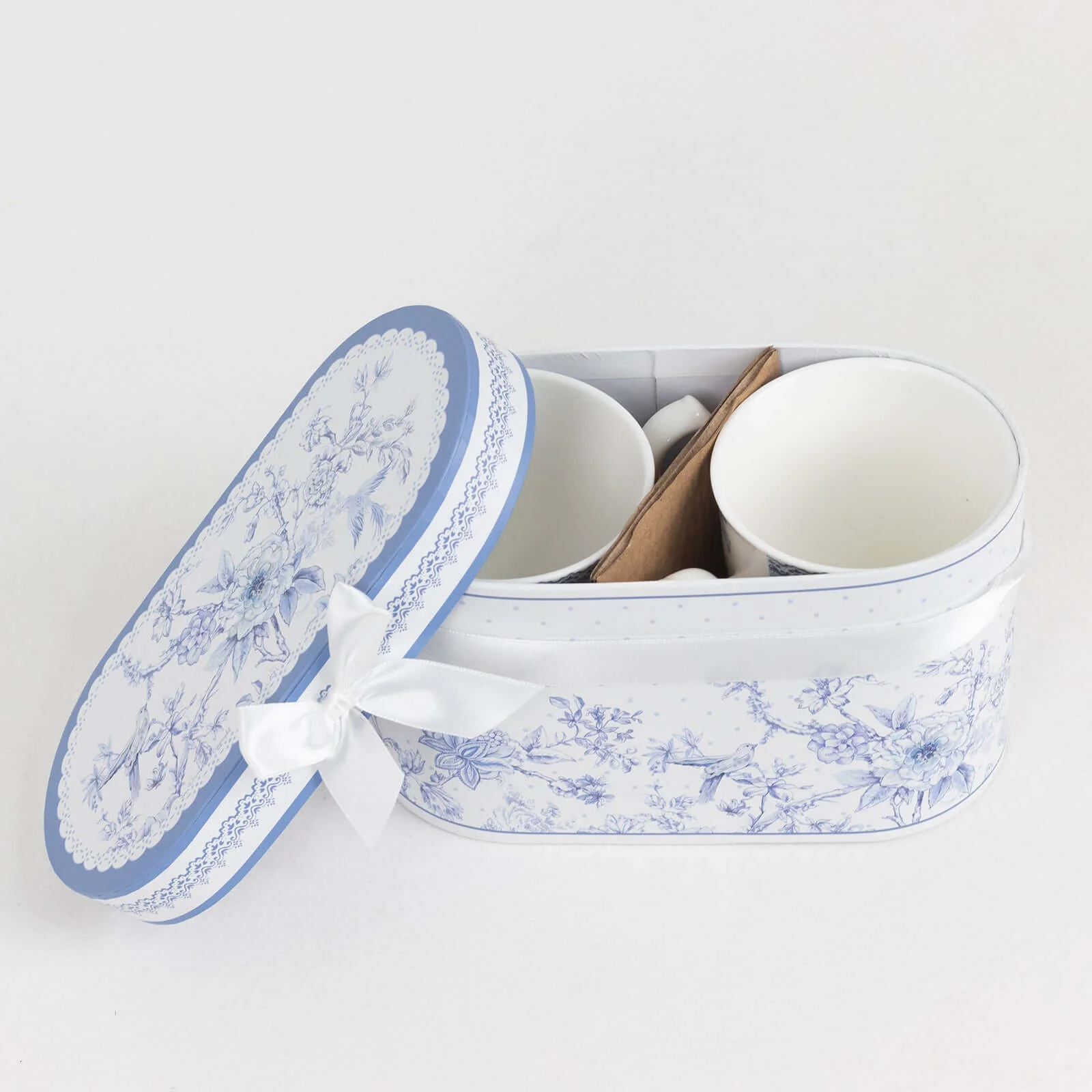 White Blue French Toile Bridal Shower Gift Set, 2 Pack Porcelain Coffee Mugs With Matching Keepsake Gift Box and Satin Ribbon Handle - Image 12