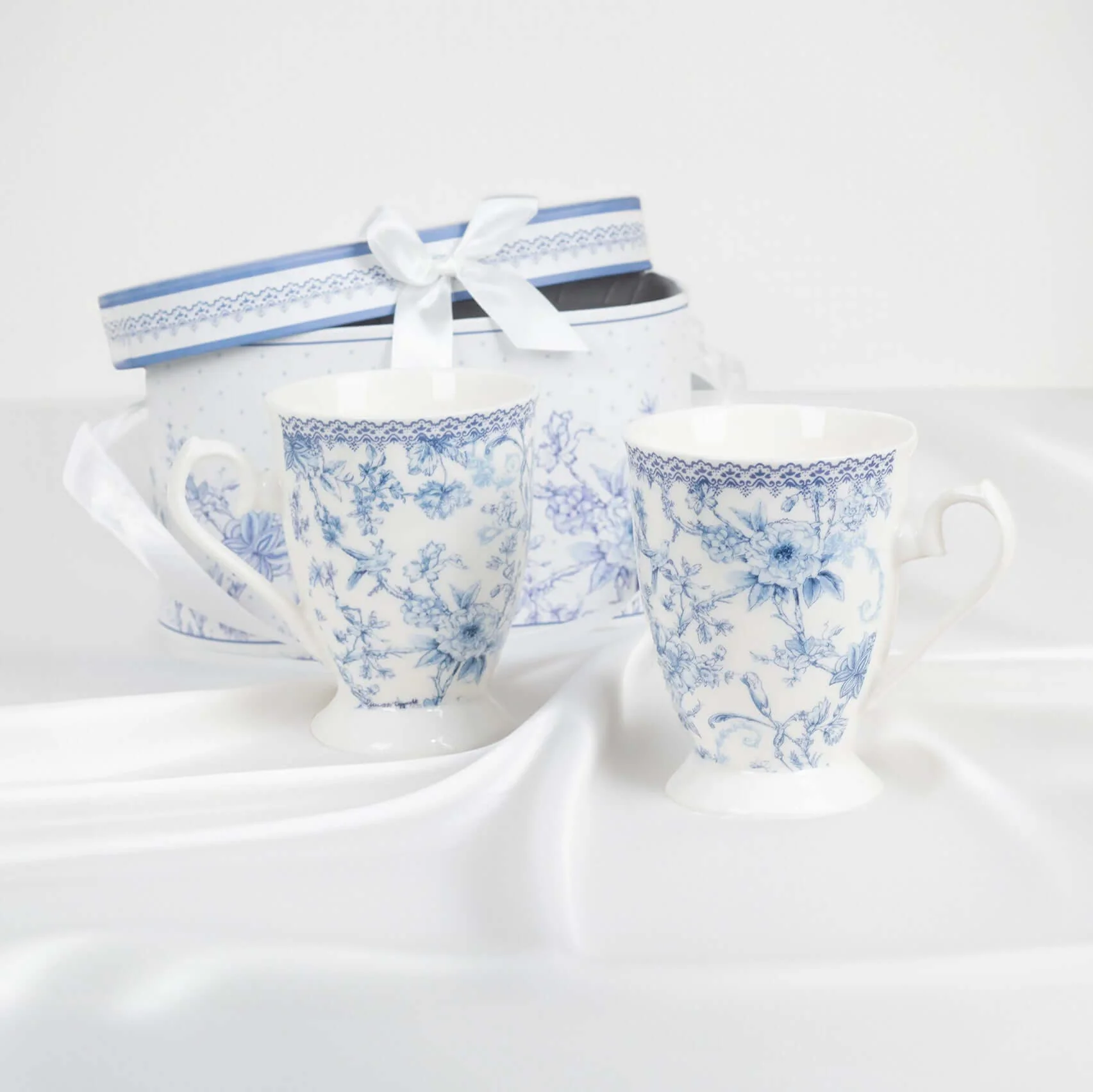 White Blue French Toile Bridal Shower Gift Set, 2 Pack Porcelain Coffee Mugs With Matching Keepsake Gift Box and Satin Ribbon Handle - Image 16