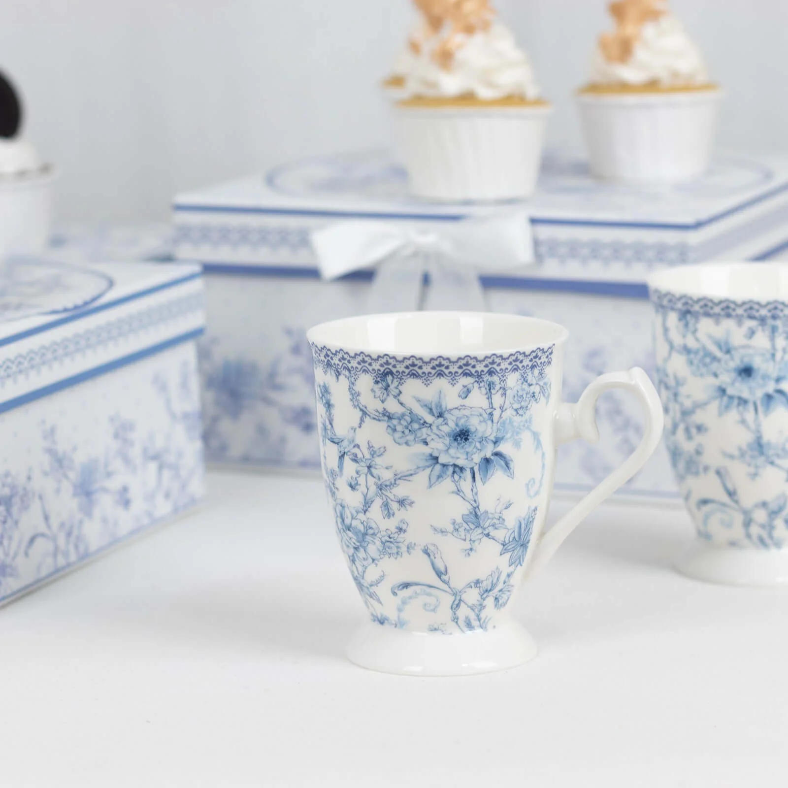 White Blue French Toile Bridal Shower Gift Set, 2 Pack Porcelain Coffee Mugs With Matching Keepsake Gift Box and Satin Ribbon Handle - Image 2