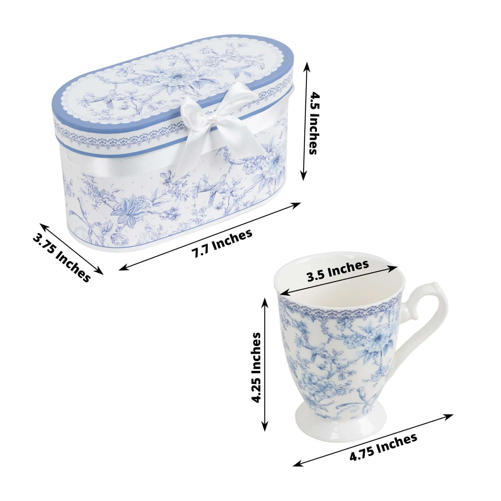 White Blue French Toile Bridal Shower Gift Set, 2 Pack Porcelain Coffee Mugs With Matching Keepsake Gift Box and Satin Ribbon Handle - Image 3