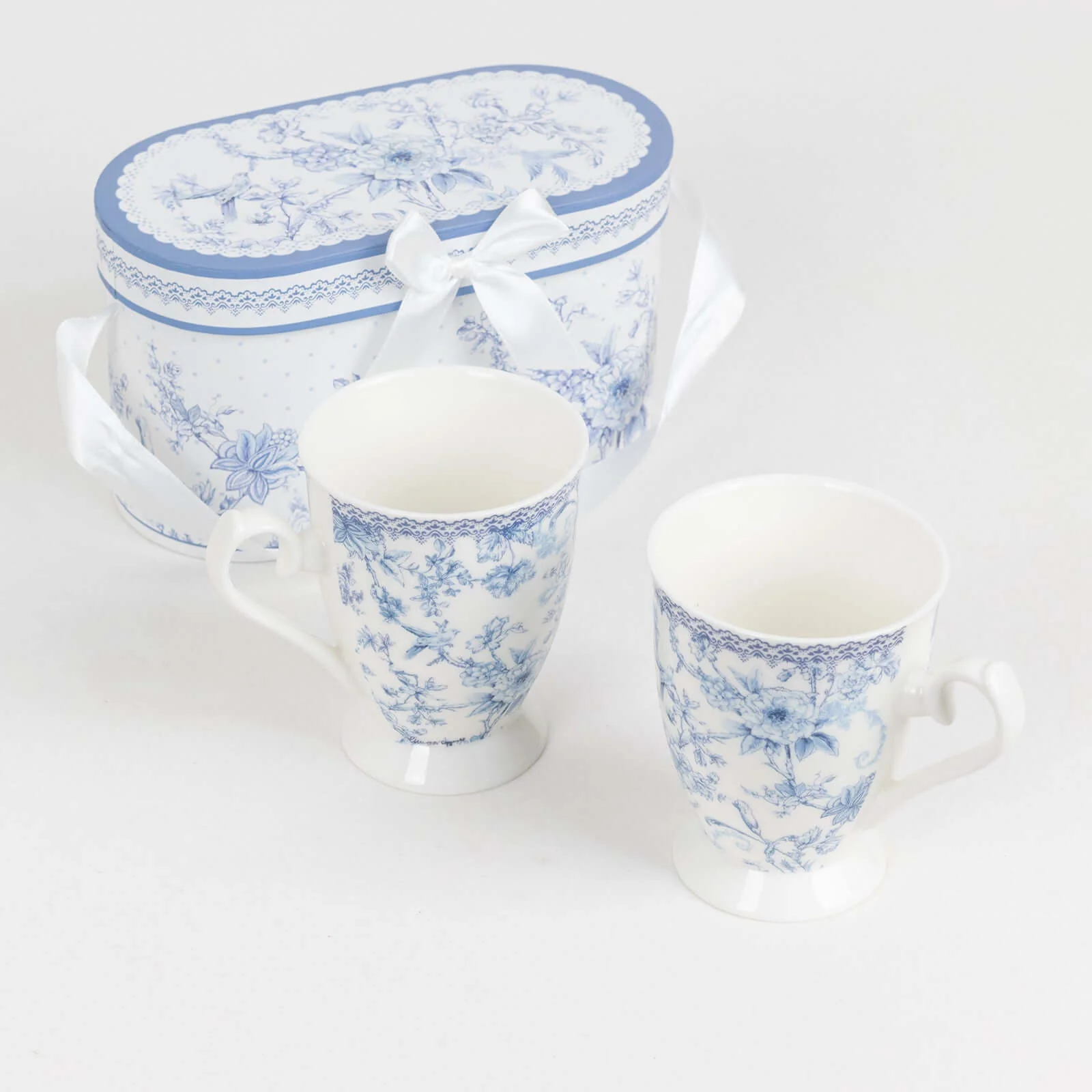 White Blue French Toile Bridal Shower Gift Set, 2 Pack Porcelain Coffee Mugs With Matching Keepsake Gift Box and Satin Ribbon Handle - Image 4
