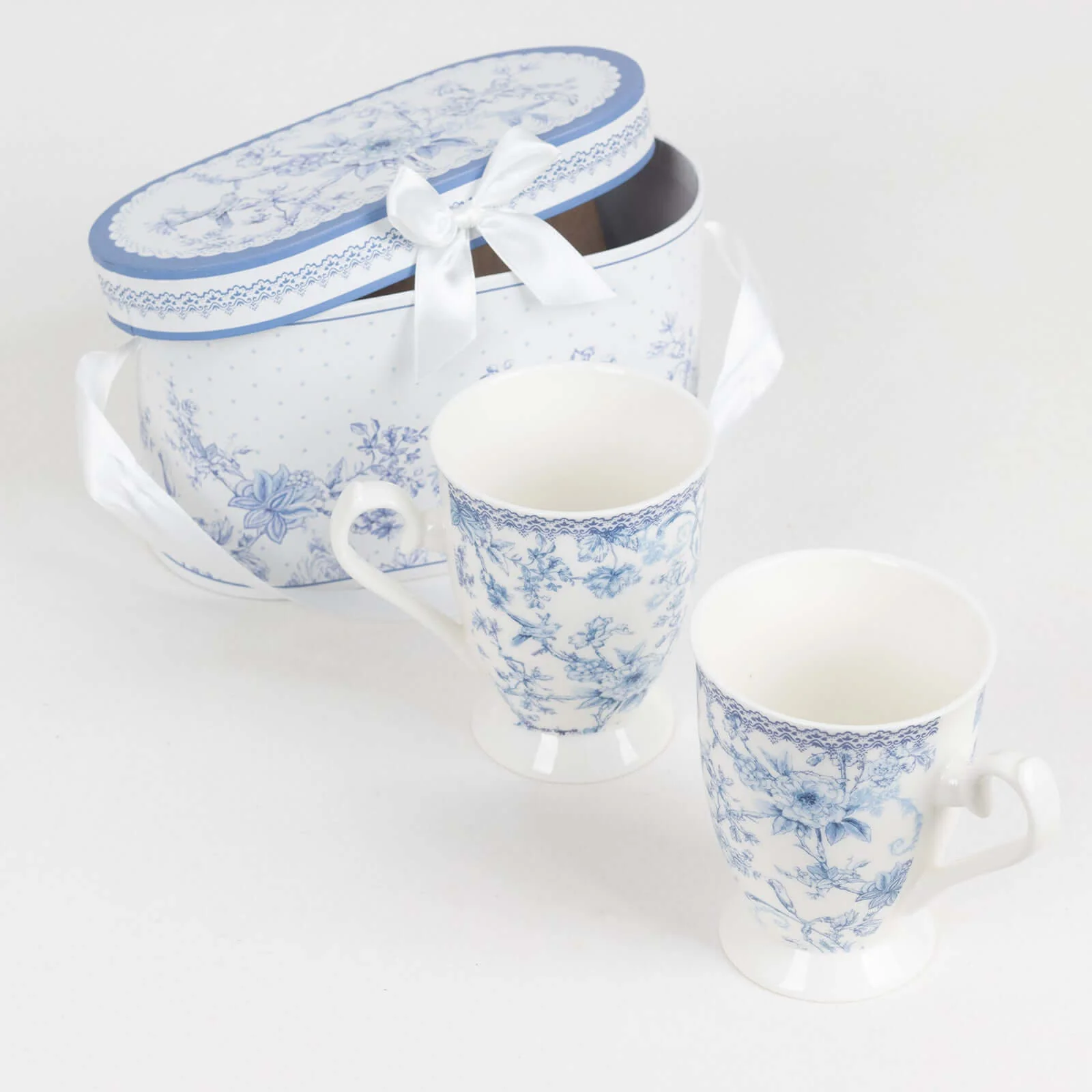 White Blue French Toile Bridal Shower Gift Set, 2 Pack Porcelain Coffee Mugs With Matching Keepsake Gift Box and Satin Ribbon Handle - Image 5