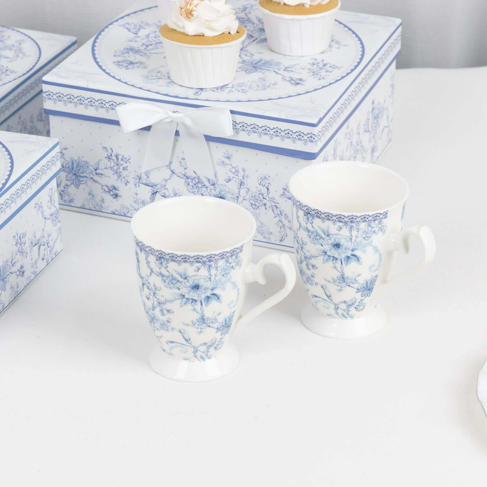 White Blue French Toile Bridal Shower Gift Set, 2 Pack Porcelain Coffee Mugs With Matching Keepsake Gift Box and Satin Ribbon Handle - Image 6