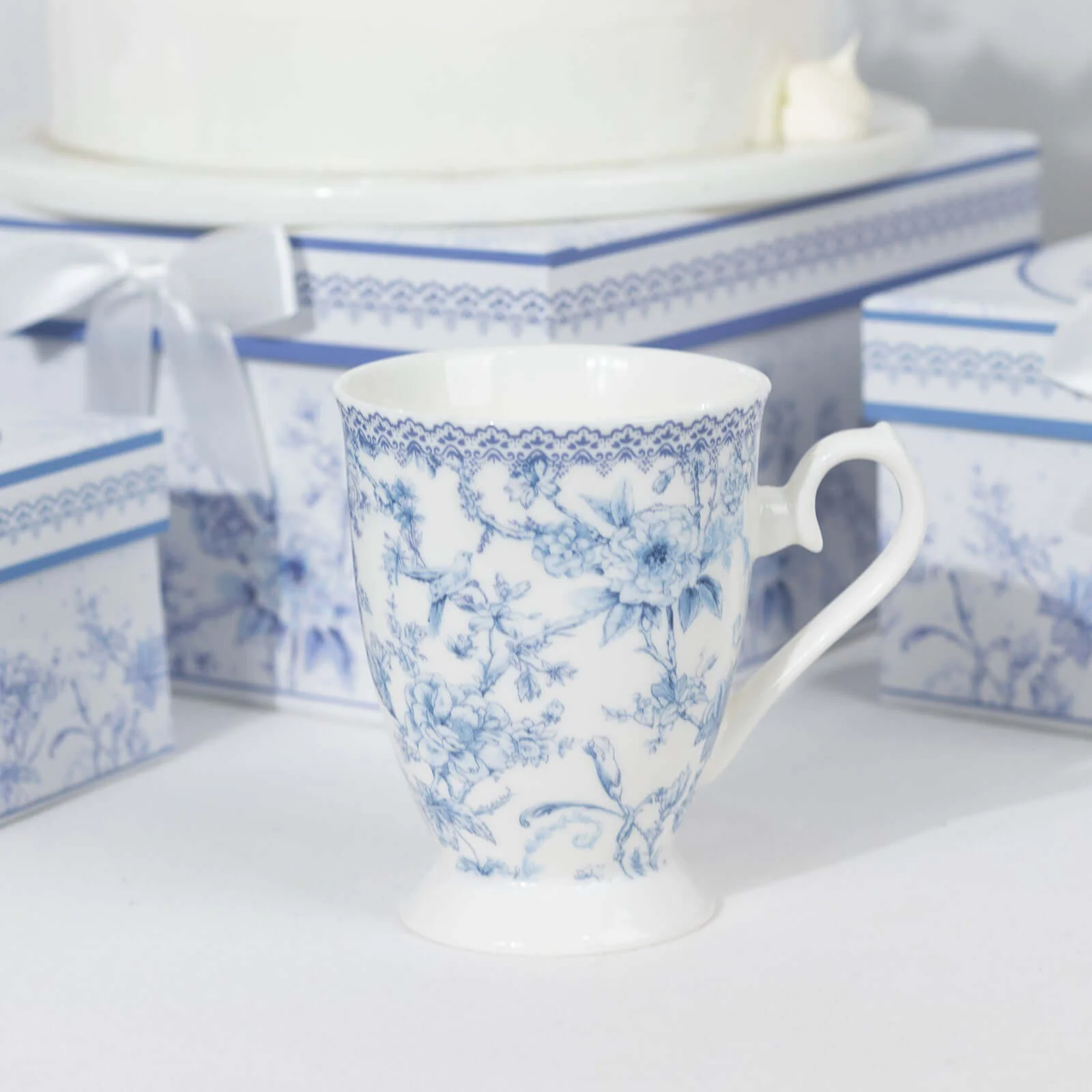 White Blue French Toile Bridal Shower Gift Set, 2 Pack Porcelain Coffee Mugs With Matching Keepsake Gift Box and Satin Ribbon Handle - Image 9