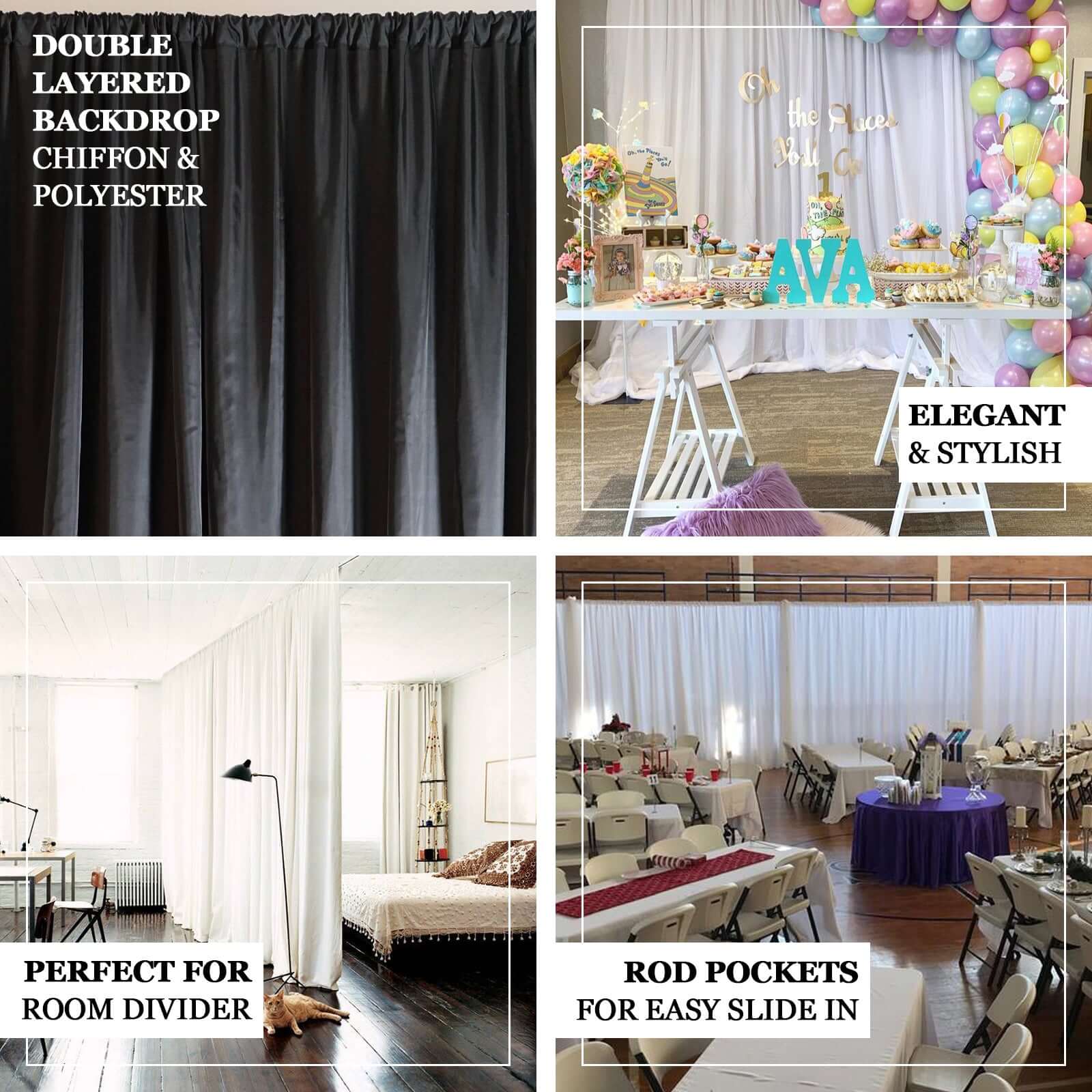 White Chiffon Polyester Backdrop Drape  Curtain, Dual Layer Event Divider Panel with Rod Pockets - 20ftx10ft - Image 4