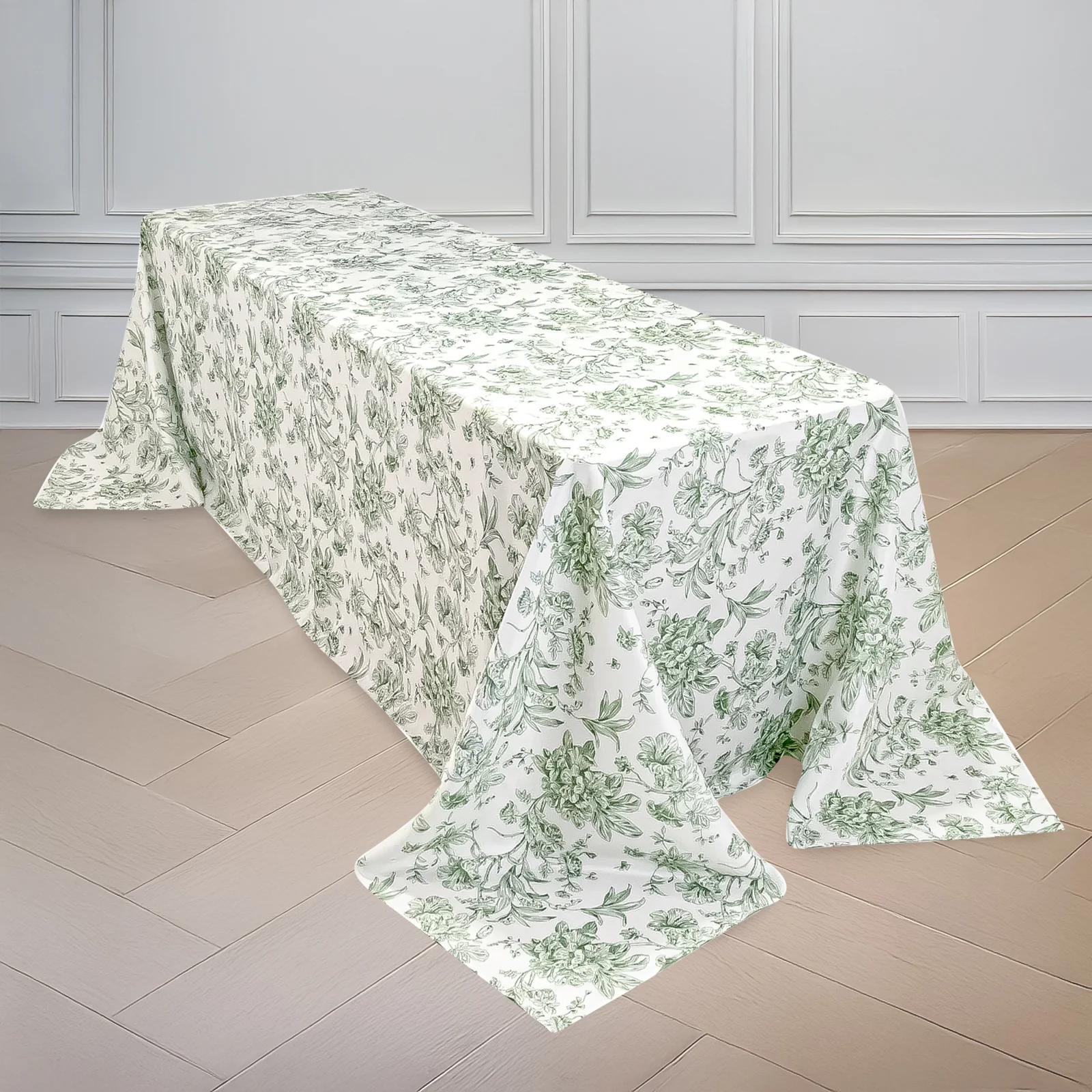 Polyester Rectangular Tablecloth 90"x132" White with Dusty Sage Green French Toile Pattern - Sophisticated Seamless Table Cover for Chic Weddings & Events