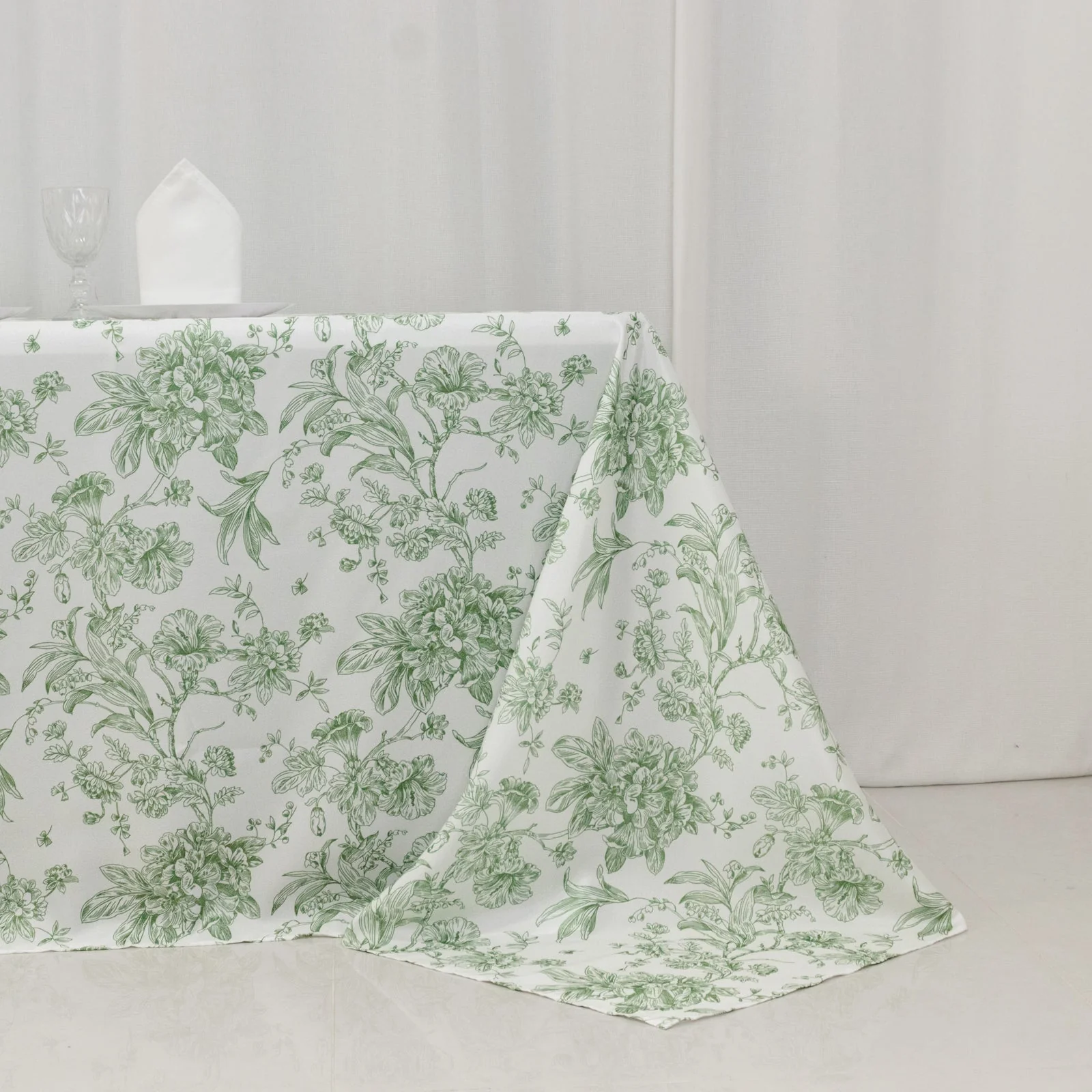 Polyester Rectangular Tablecloth 90"x132" White with Dusty Sage Green French Toile Pattern - Sophisticated Seamless Table Cover for Chic Weddings & Events - Image 2
