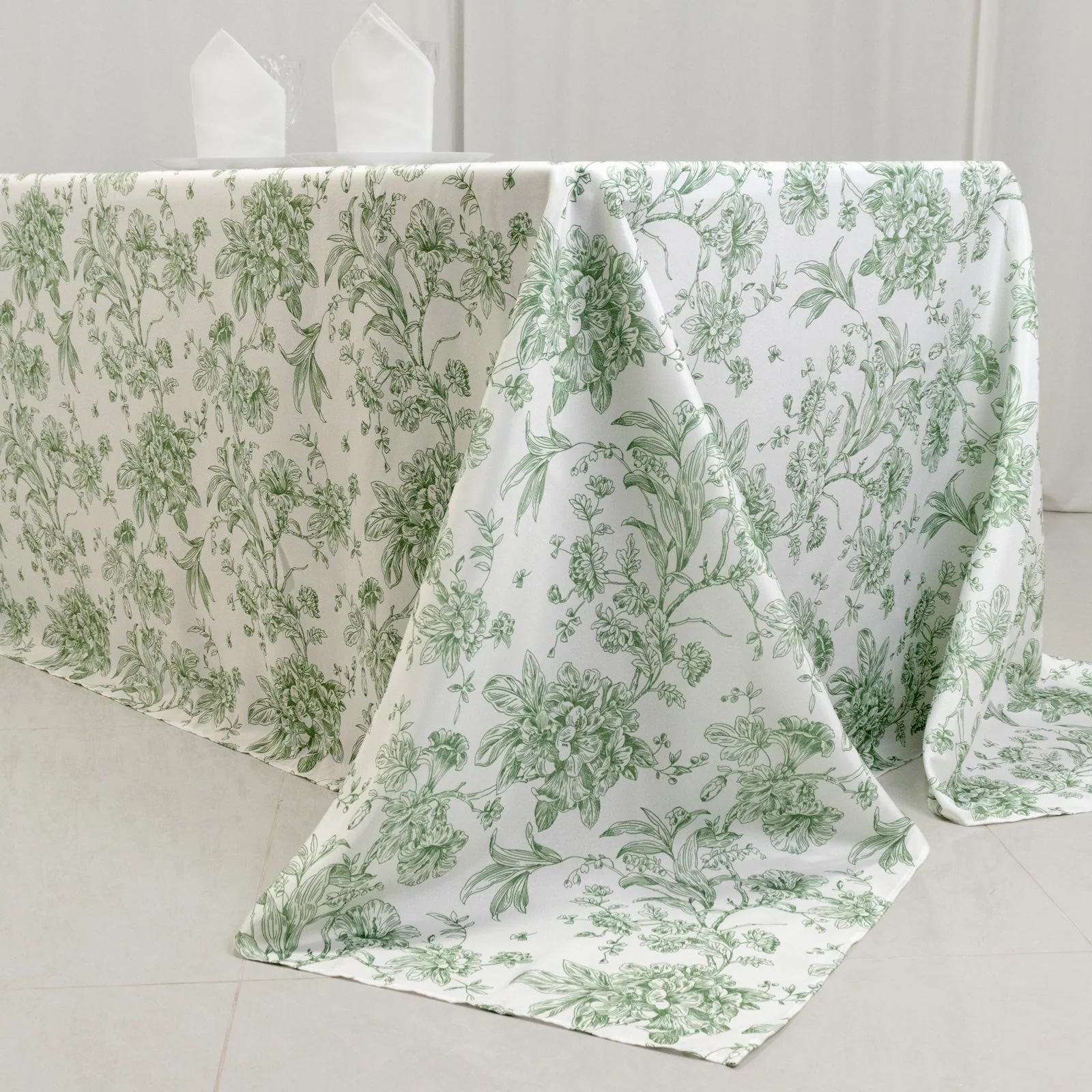 Polyester Rectangular Tablecloth 90"x132" White with Dusty Sage Green French Toile Pattern - Sophisticated Seamless Table Cover for Chic Weddings & Events - Image 5