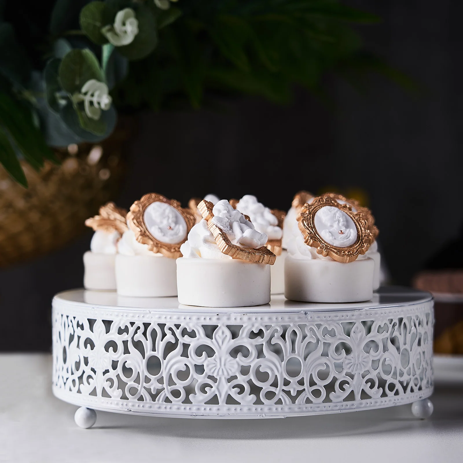 Metal Wedding Cake Stand 8" Fleur De Lis Round Design White - Cupcake Pedestal Display for Events - Image 11