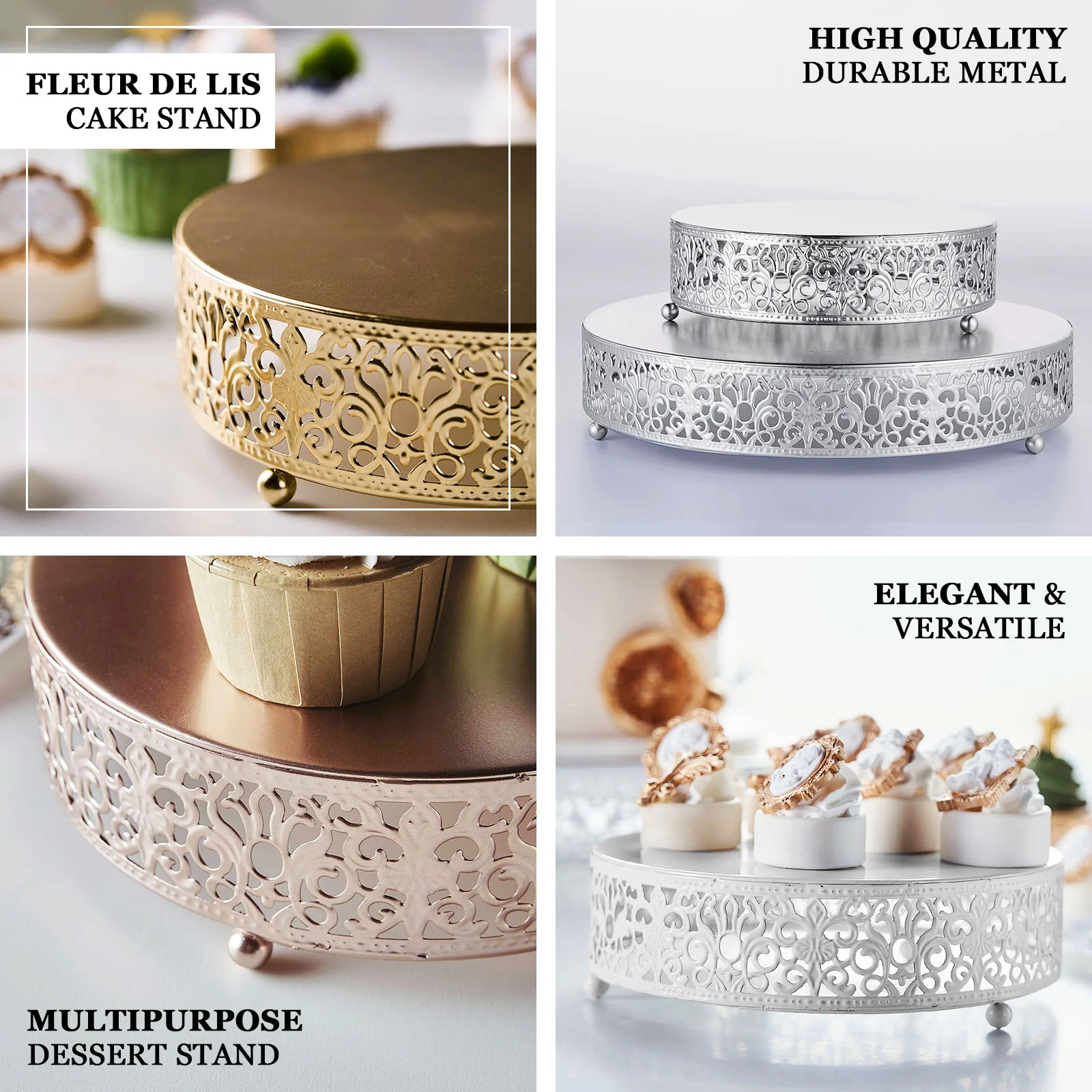 Metal Wedding Cake Stand 8" Fleur De Lis Round Design White - Cupcake Pedestal Display for Events - Image 4