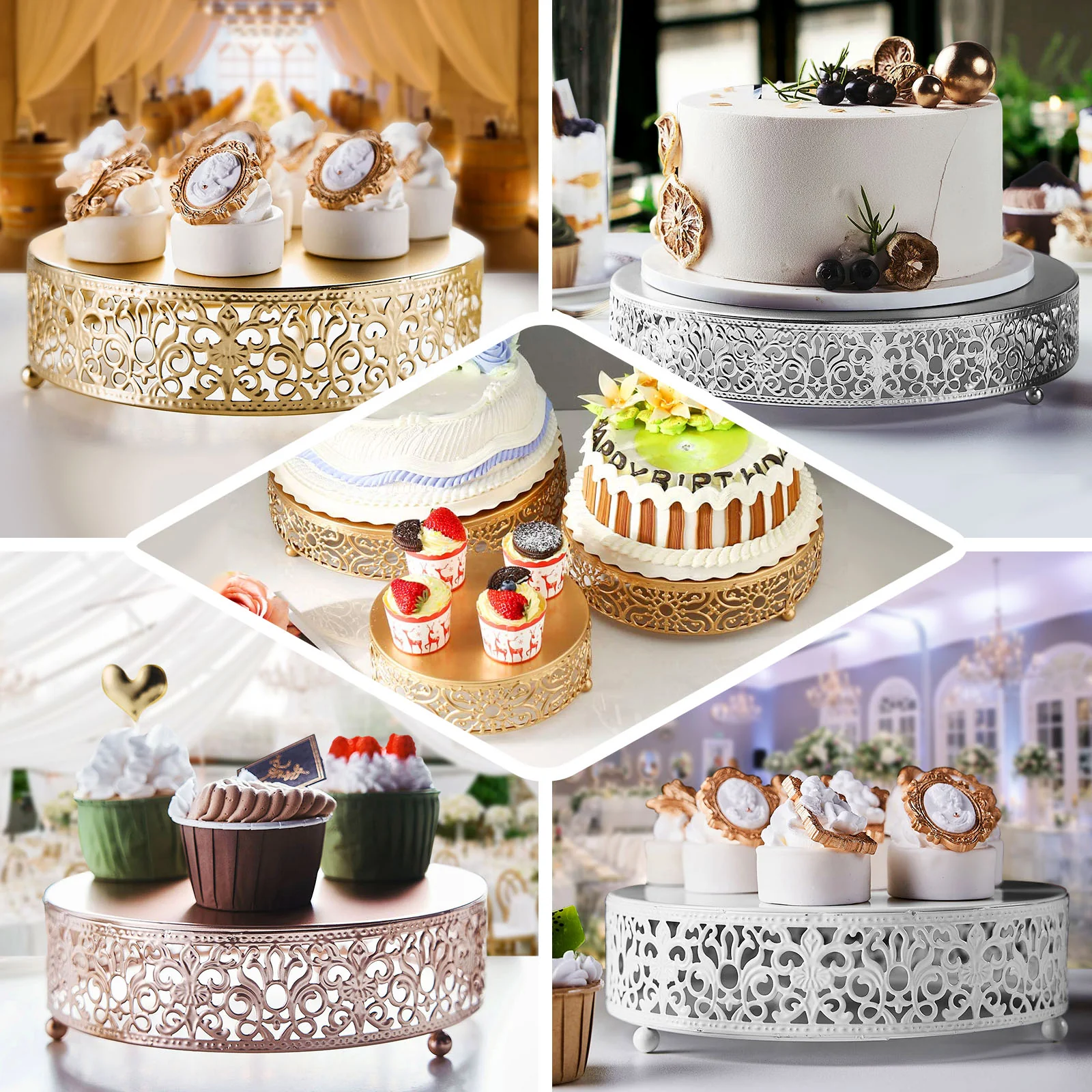 Metal Wedding Cake Stand 8" Fleur De Lis Round Design White - Cupcake Pedestal Display for Events - Image 5