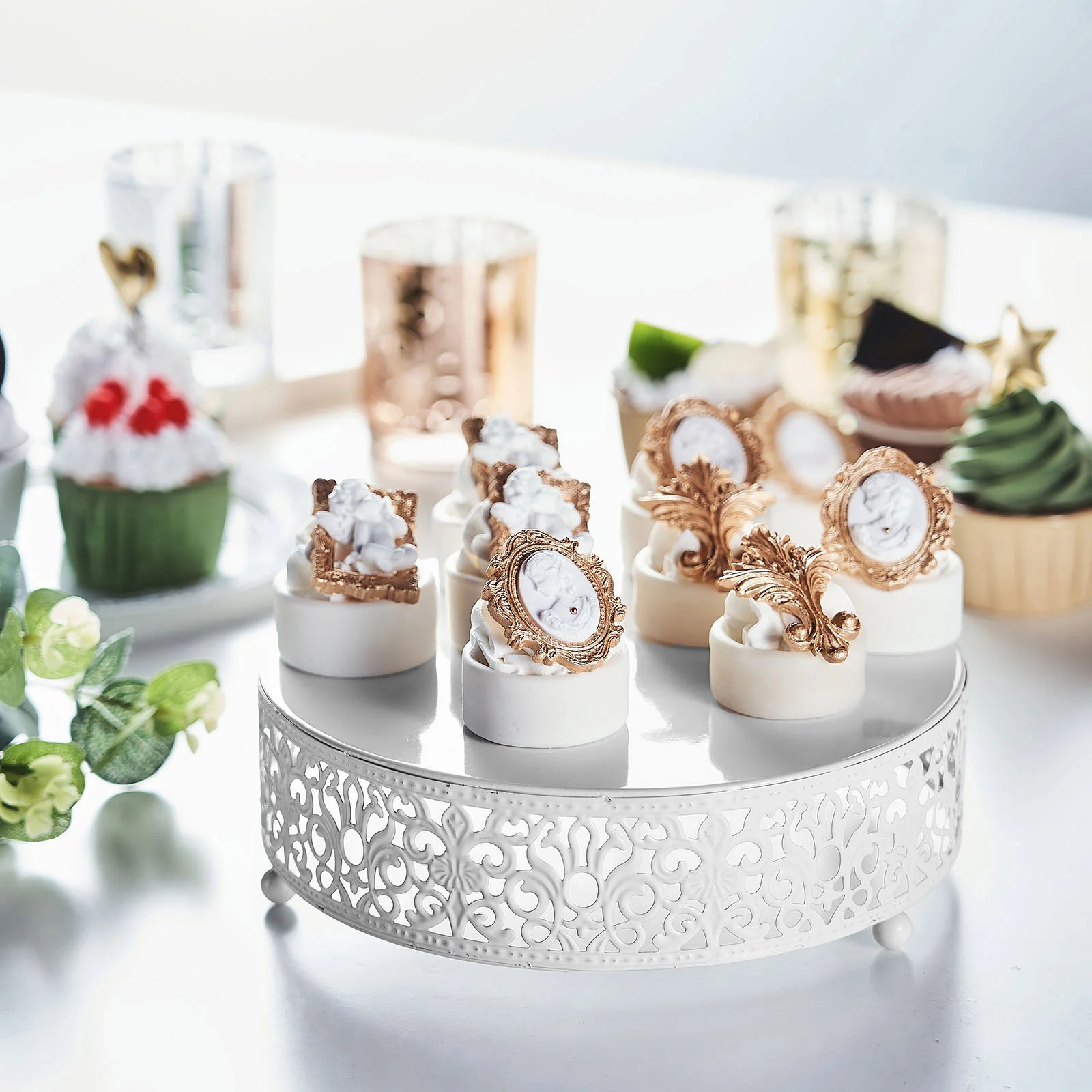 Metal Wedding Cake Stand 8" Fleur De Lis Round Design White - Cupcake Pedestal Display for Events - Image 6