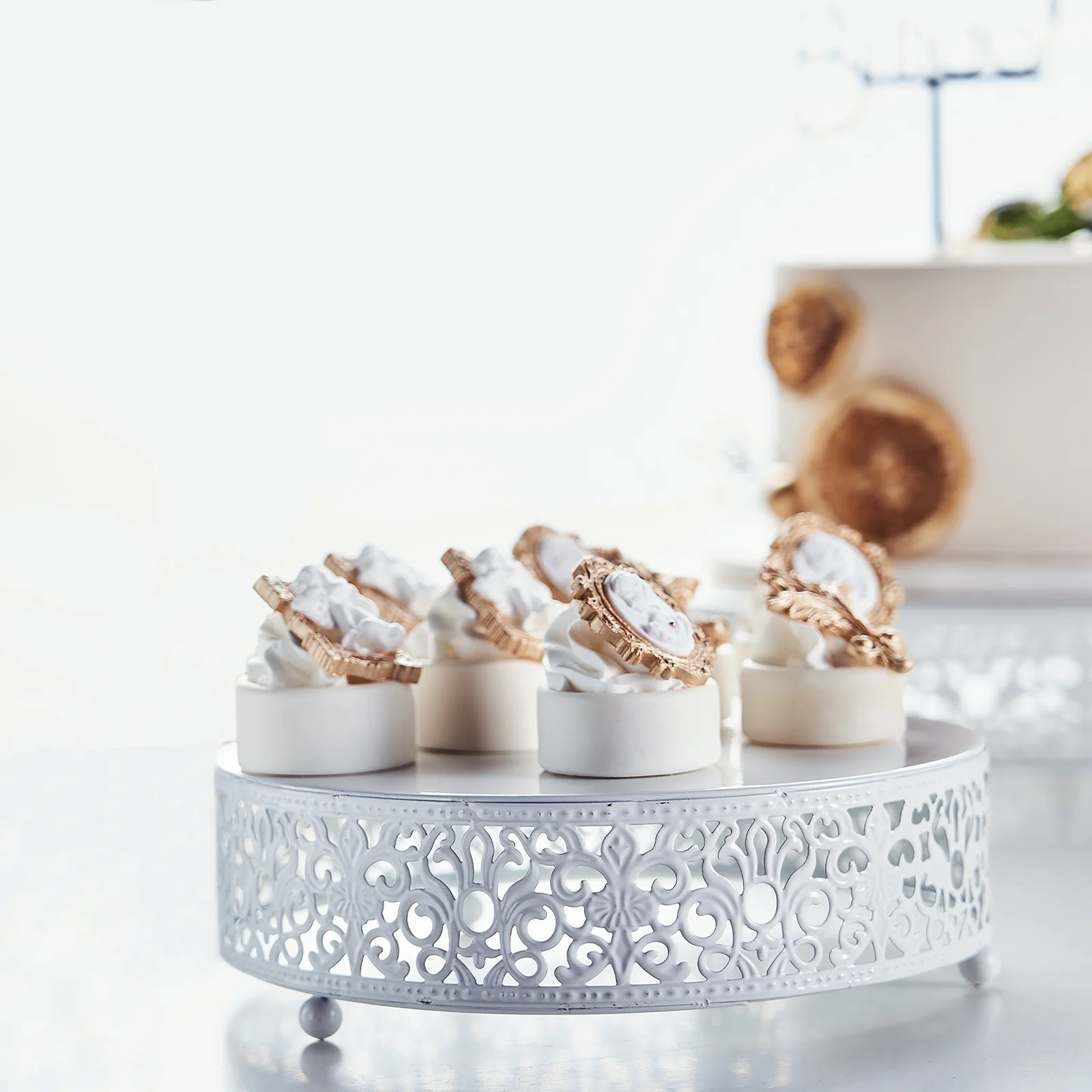 Metal Wedding Cake Stand 8" Fleur De Lis Round Design White - Cupcake Pedestal Display for Events - Image 9