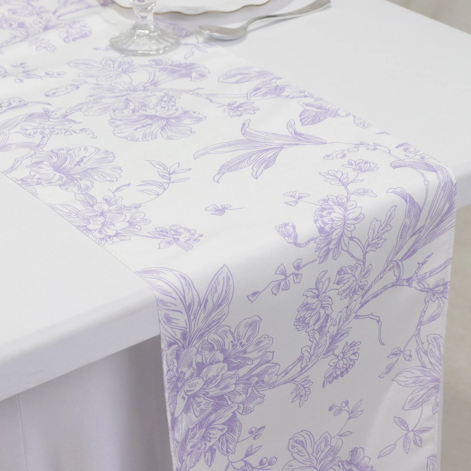 Polyester Table Runner 12"x108" White with Lavender Lilac French Toile Floral Print - Exquisite Reusable Table Décor - Image 3
