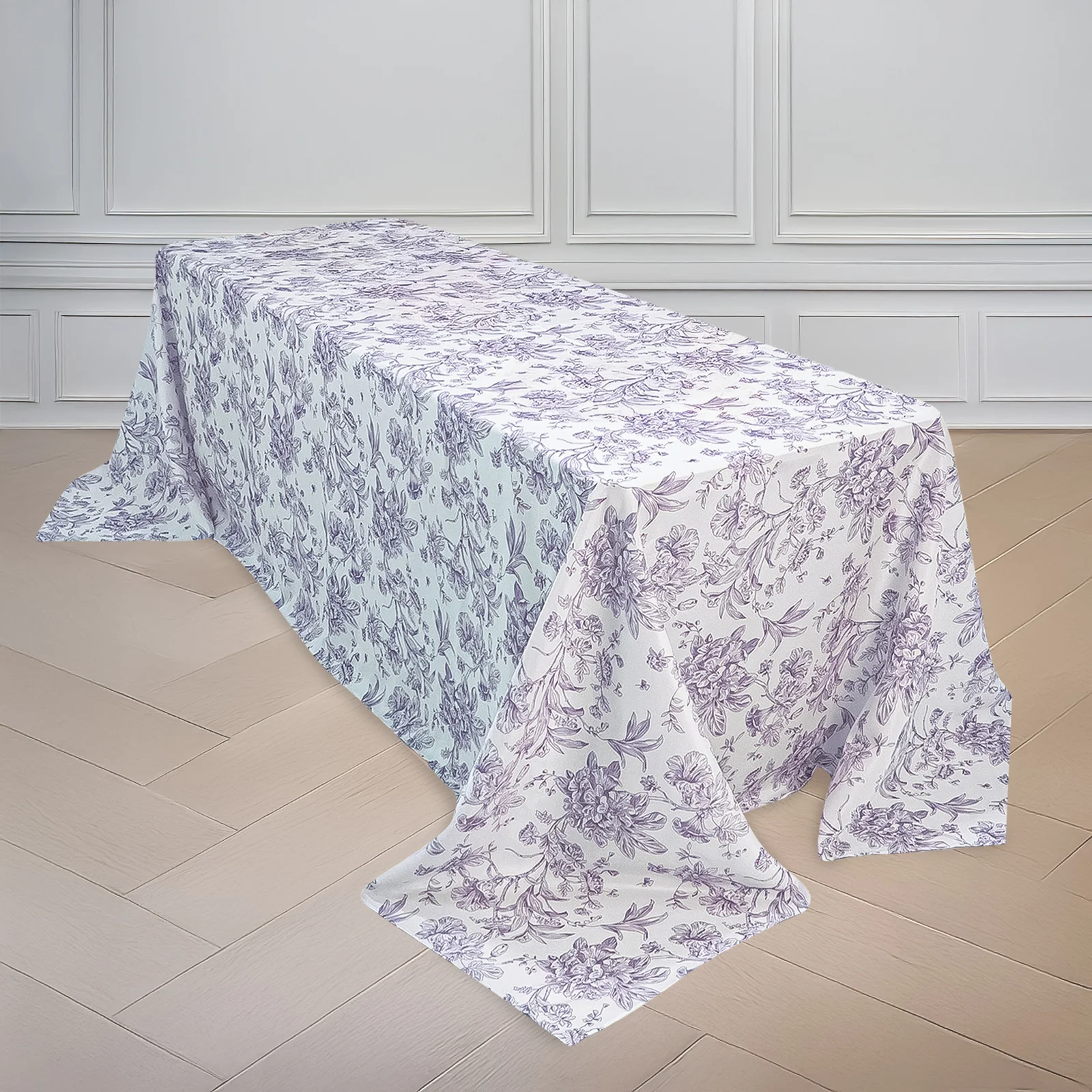 Polyester Rectangular Tablecloth 90"x132" White with Lavender Lilac French Toile Pattern - Sophisticated Seamless Table Cover for Chic Weddings & Events